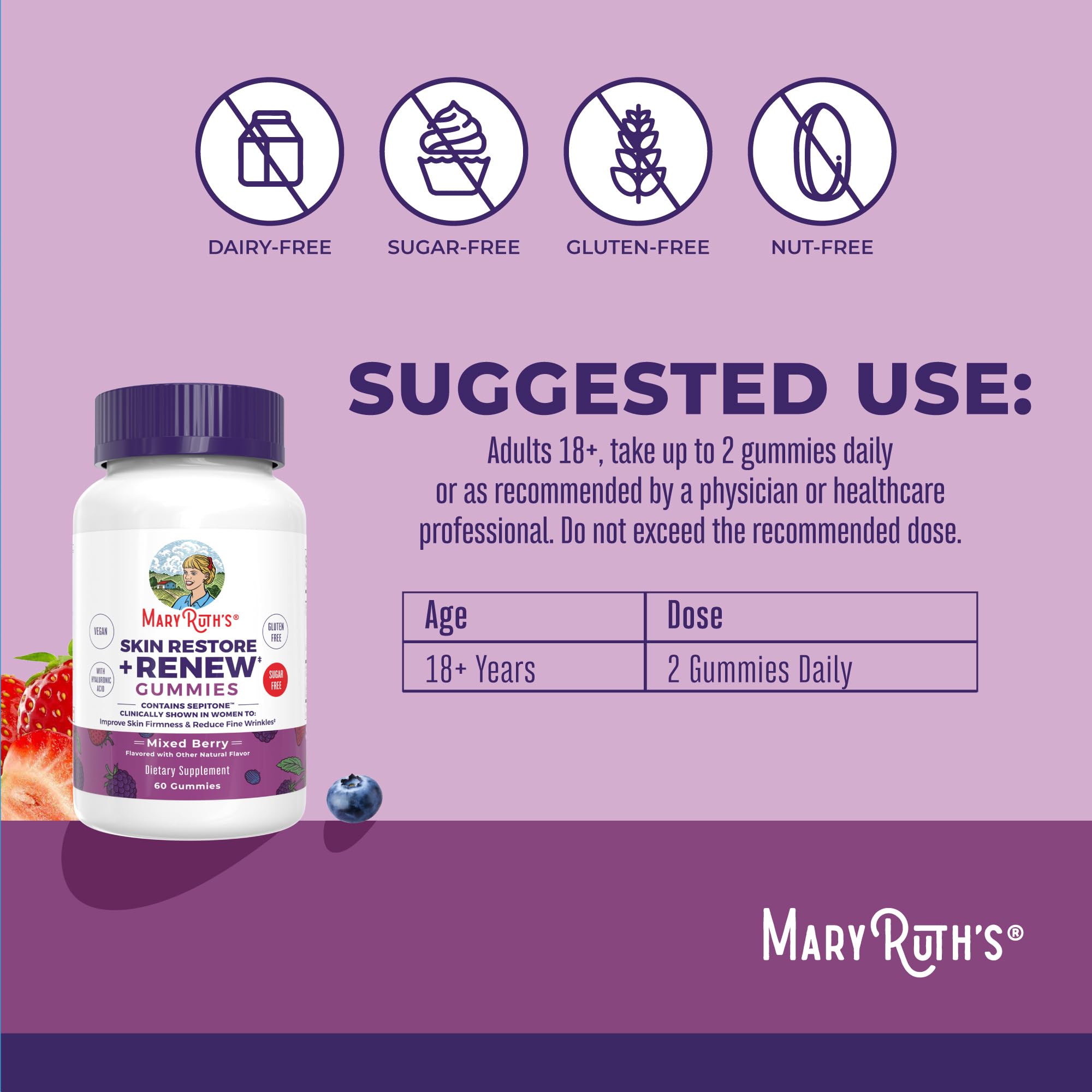 MaryRuth's Skin Restore + Renew etiqueta visible, opción vegana para cuidado de la piel.