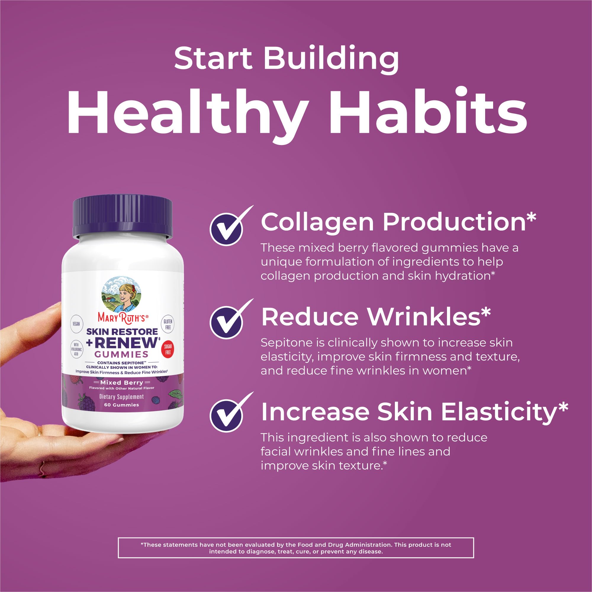 MaryRuth's Skin Restore + Renew con colágeno vegetal y ácido hialurónico para hidratación.