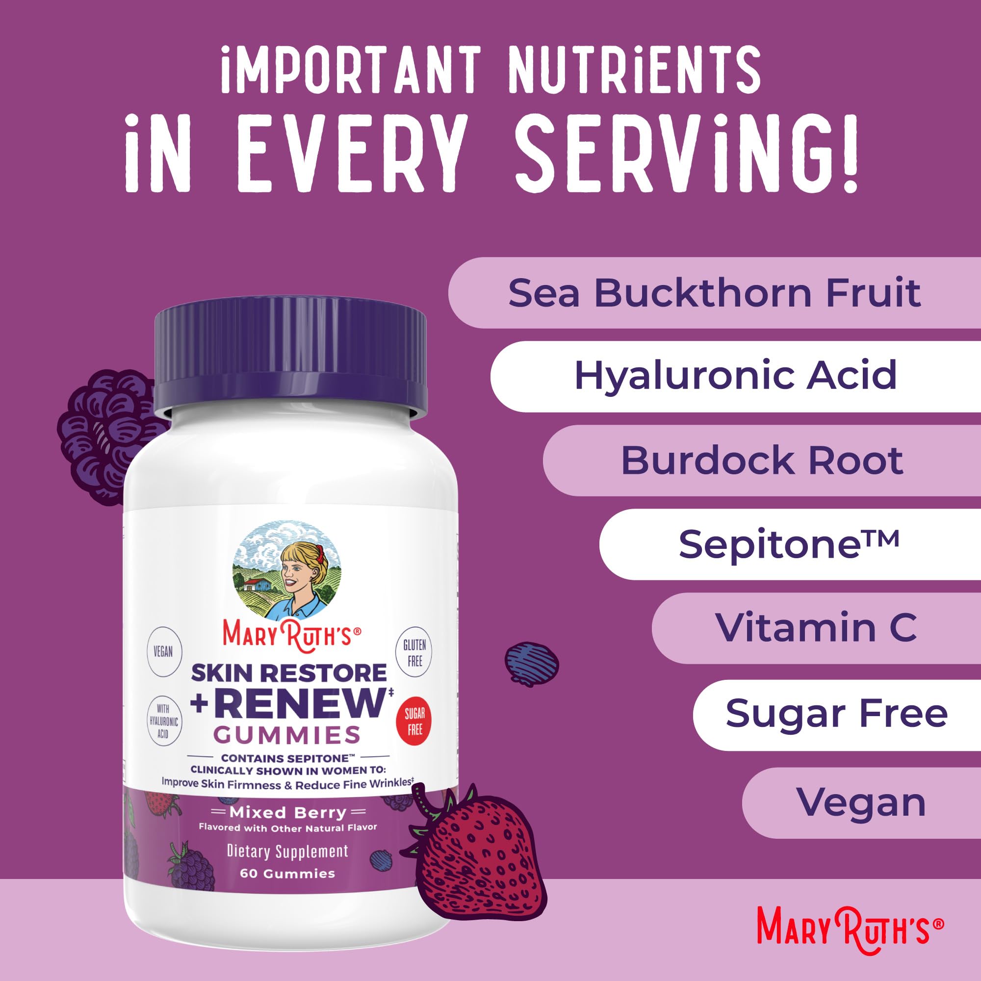 MaryRuth's Skin Restore + Renew vitamina C apoya salud de la piel y bienestar.