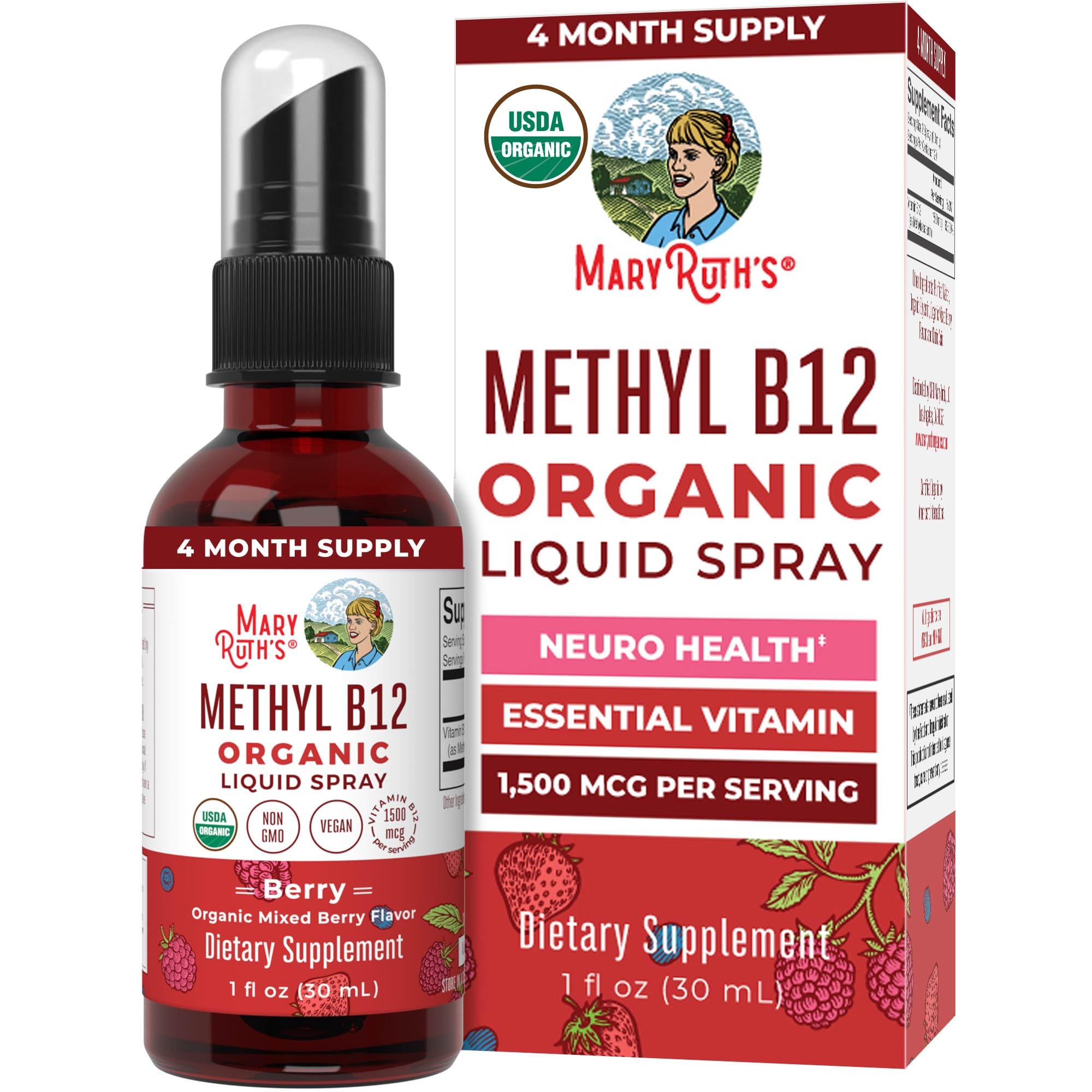 MaryRuth's spray B12 orgánico de 1500 mcg para energía diaria.