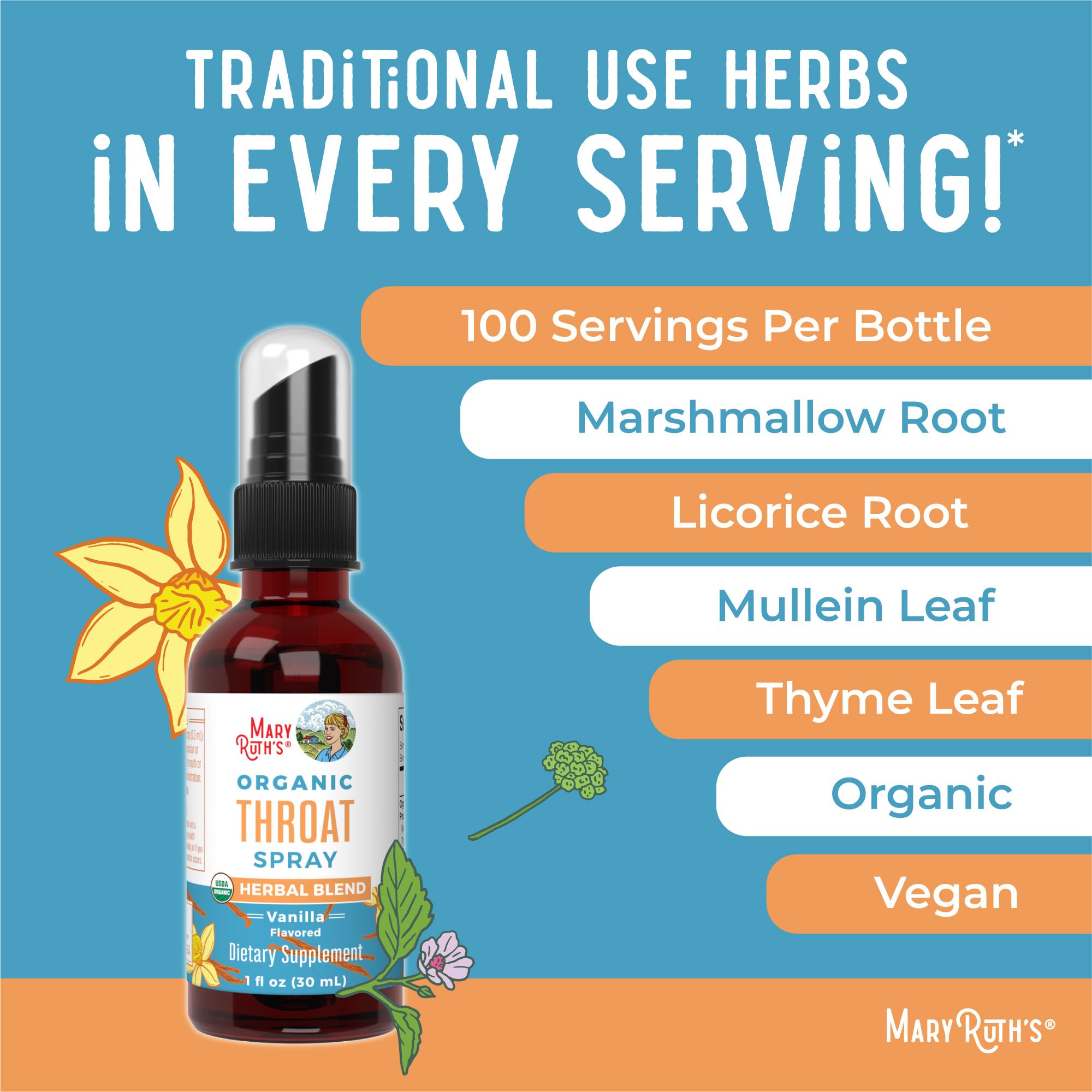 Mezcla herbal de malvavisco, gordolobo, tomillo y regaliz del spray MaryRuth's