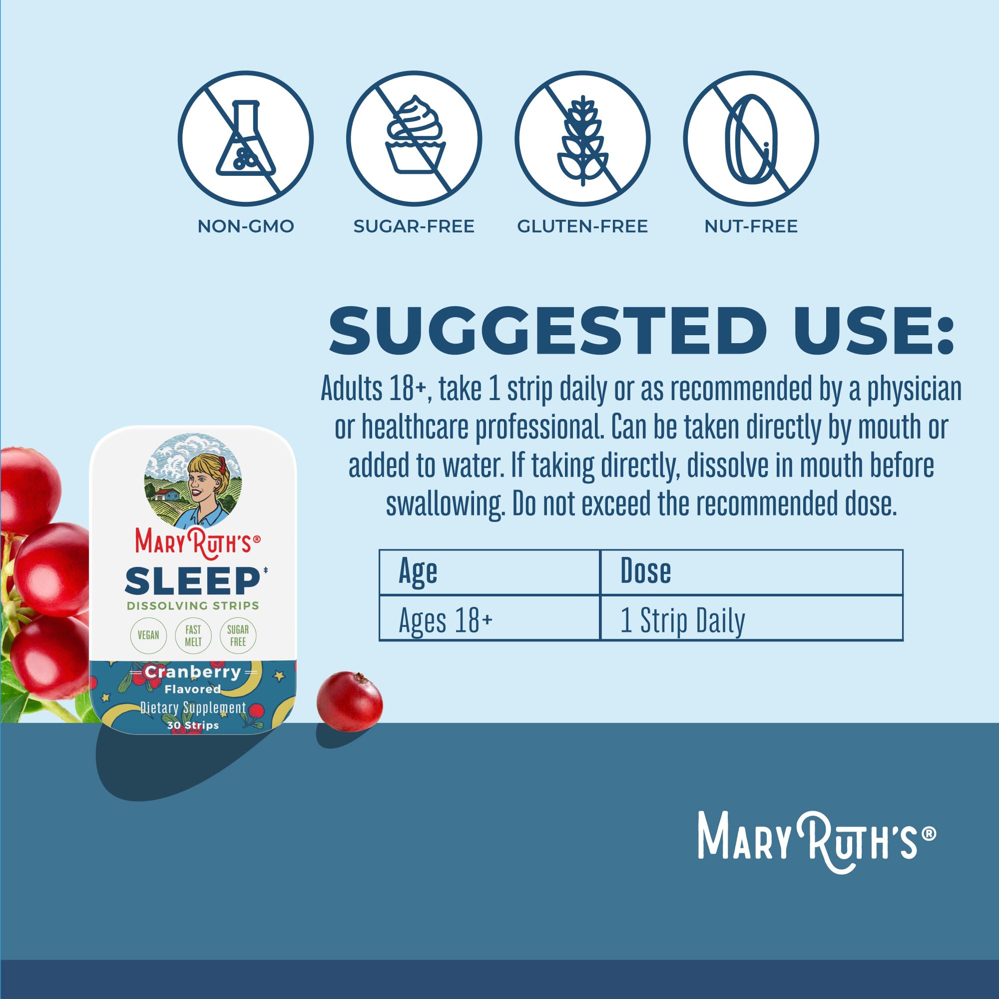 Tira disolvente MaryRuth's para dormir, sabor arándano