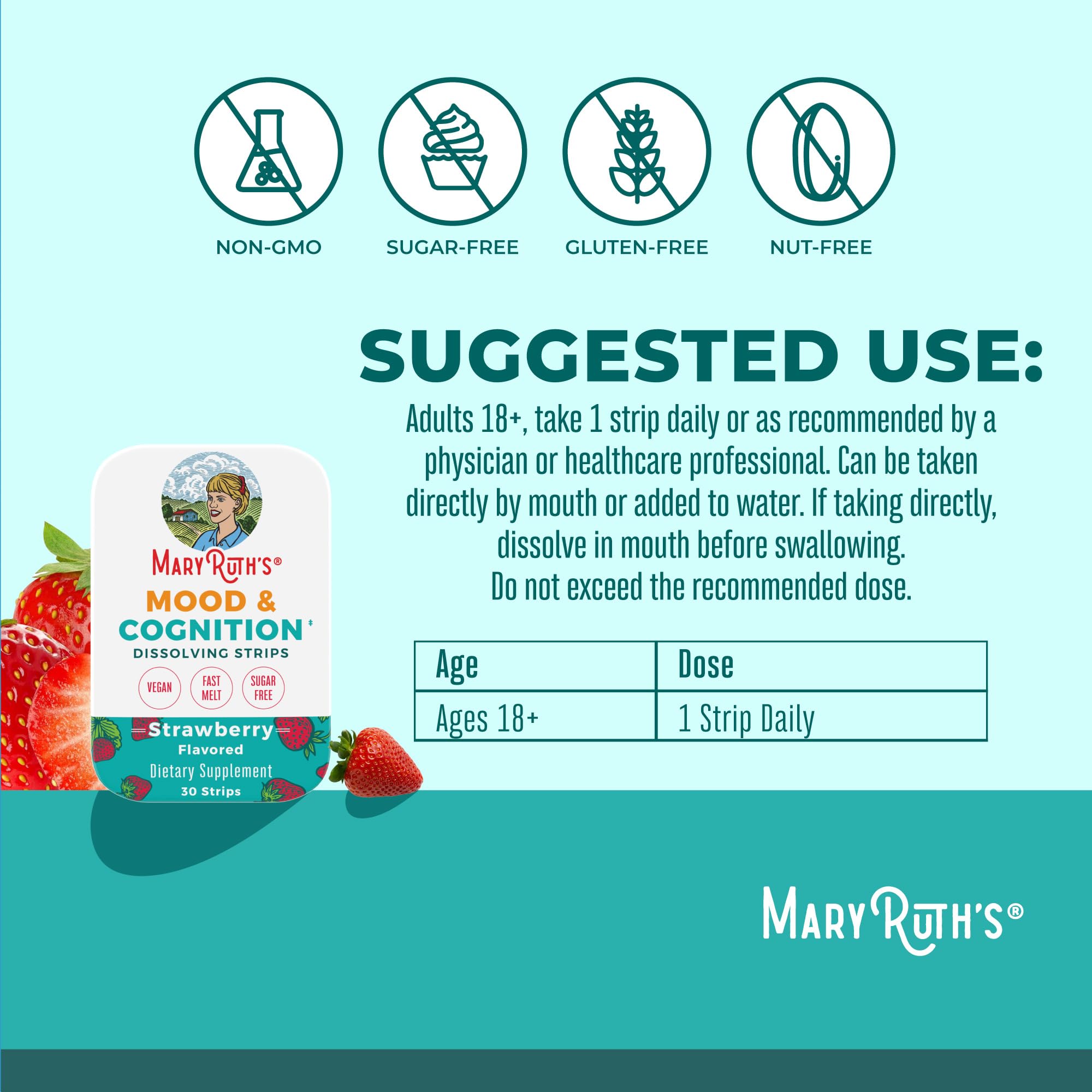 MaryRuth's tiras en empaque portátil para uso diario.