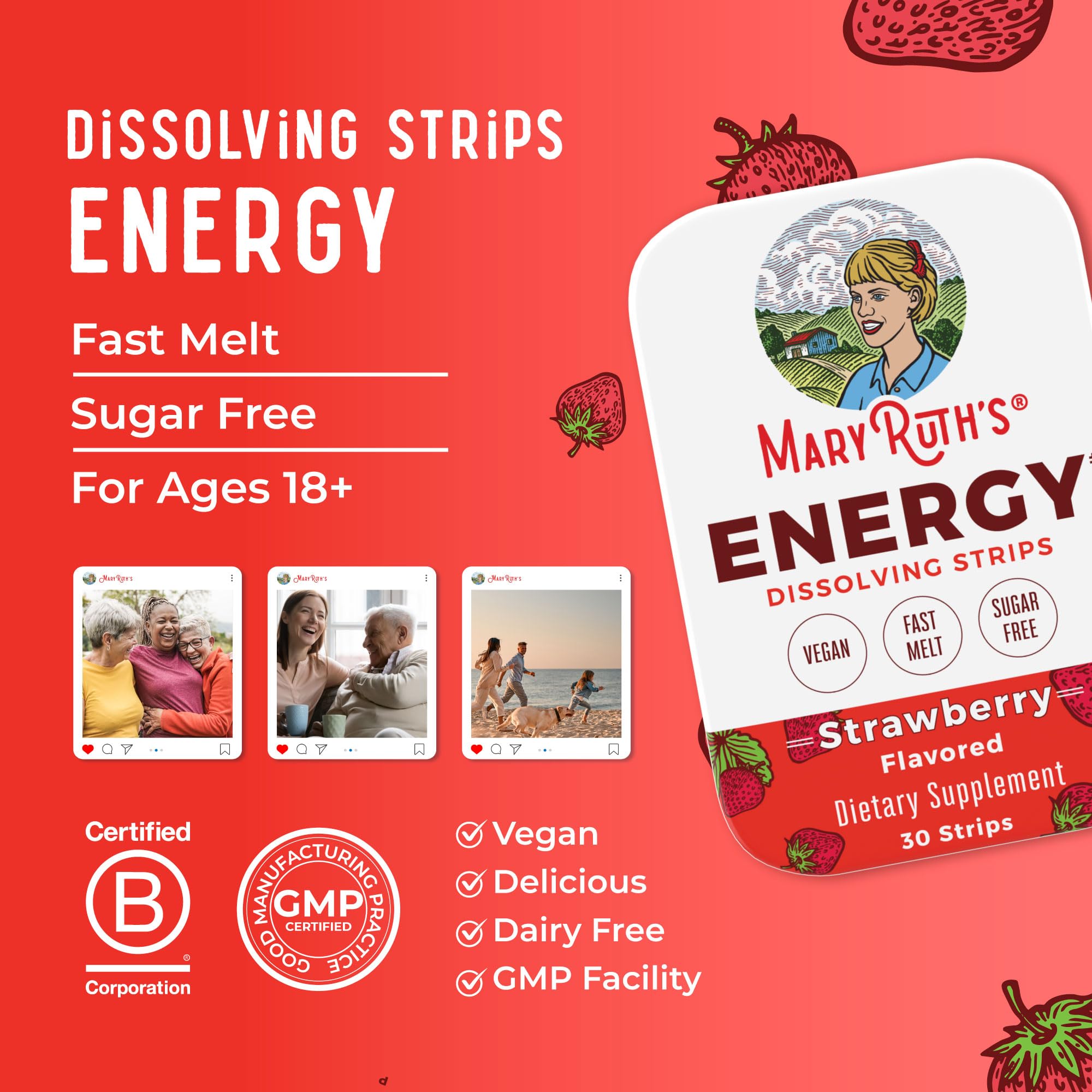 MaryRuth's tiras energéticas con L-teanina para un impulso suave.