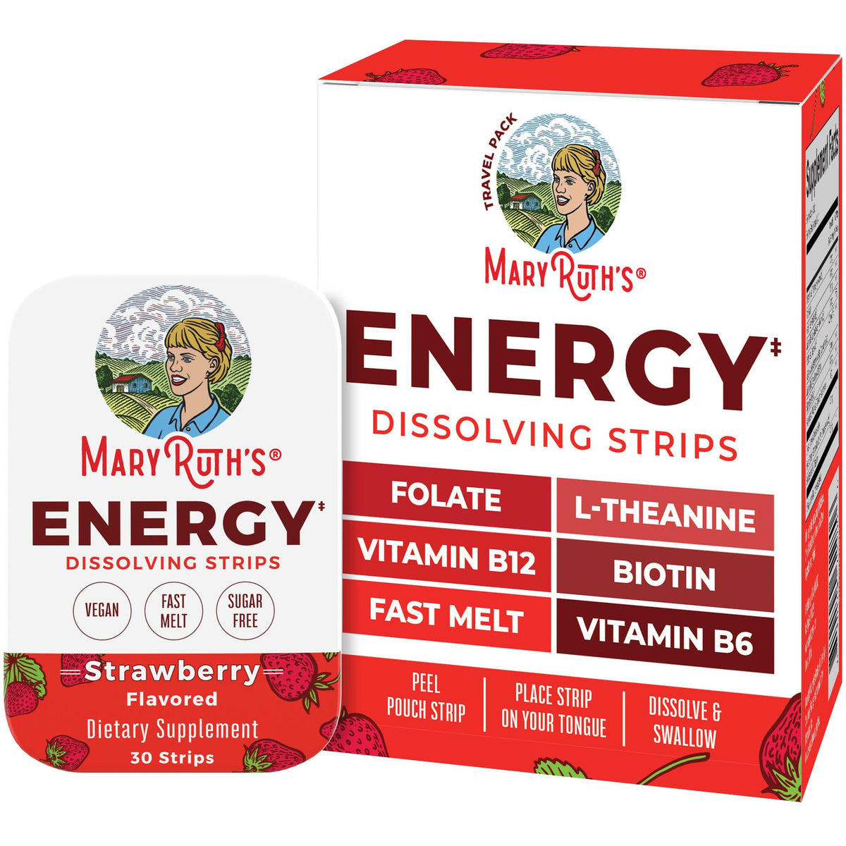 MaryRuth's tiras energéticas sabor fresa, energía rápida y conveniente.