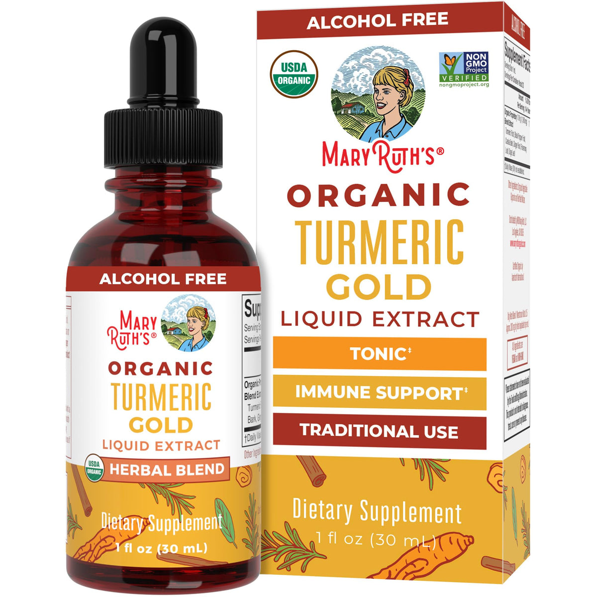 MaryRuth's Turmeric Gold, botella con etiqueta destacando fórmula orgánica y fácil uso.