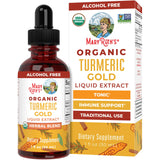 MaryRuth's Turmeric Gold, botella con etiqueta destacando fórmula orgánica y fácil uso.