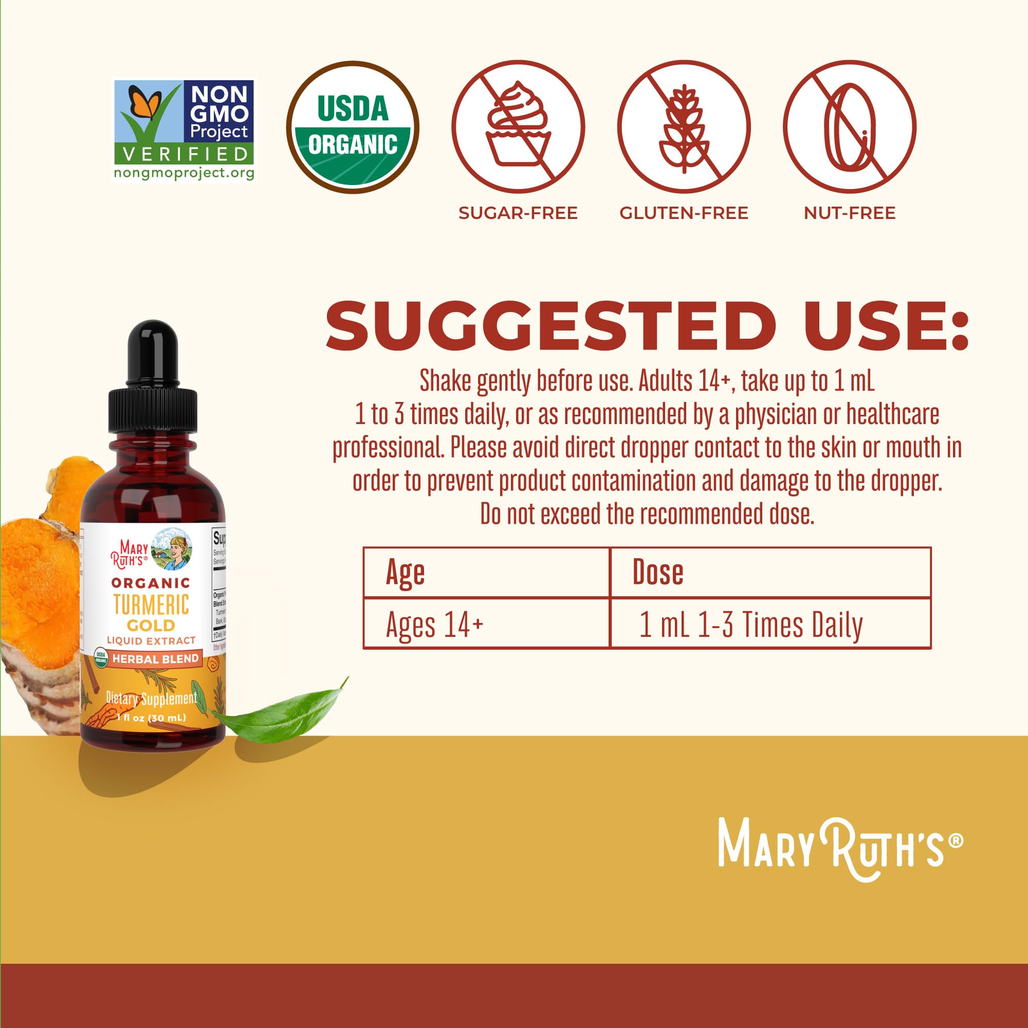Certificado de etiqueta limpia para MaryRuth's Turmeric Gold, fórmula vegana.