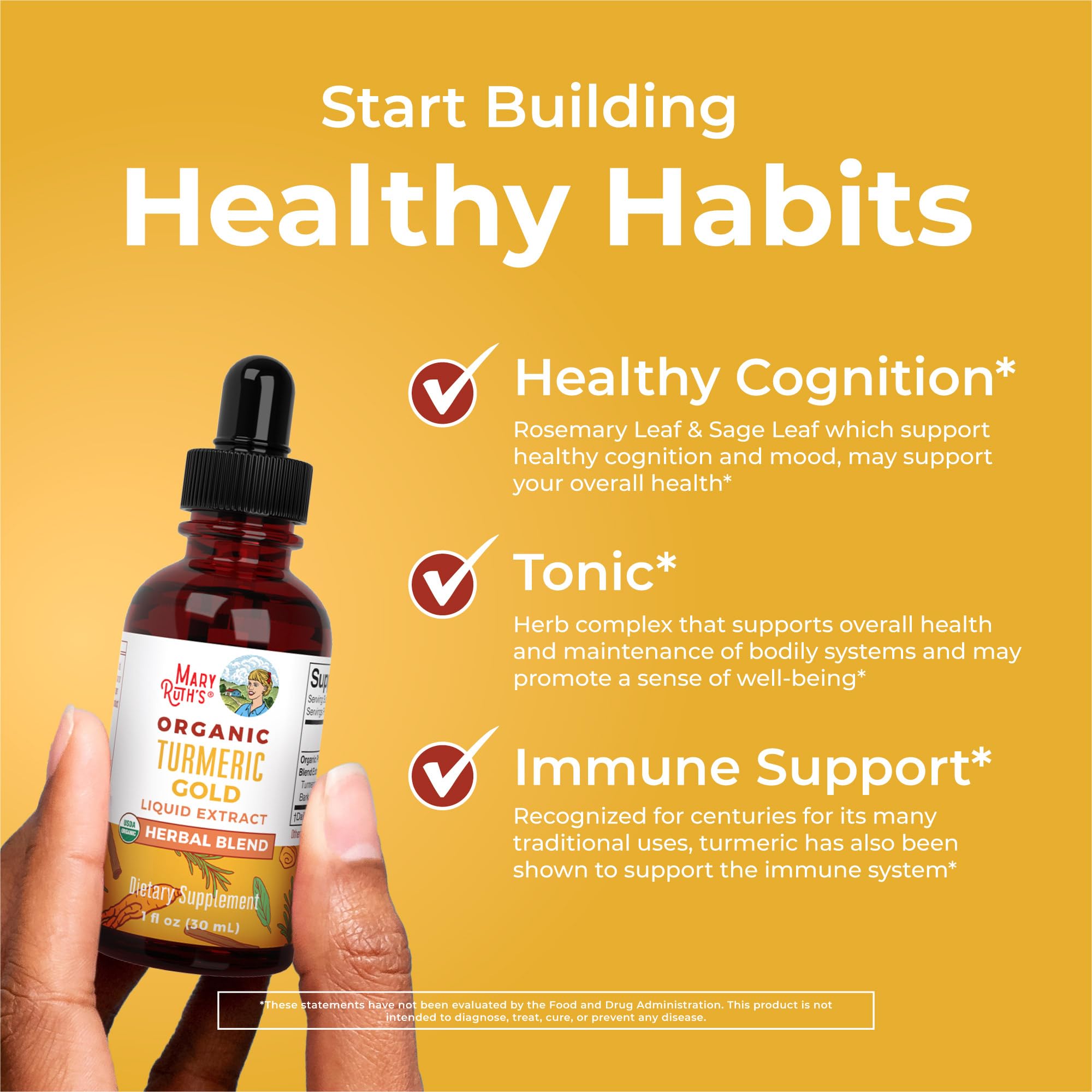 Gotero de MaryRuth's Turmeric Gold para dosis precisas y sencillas.