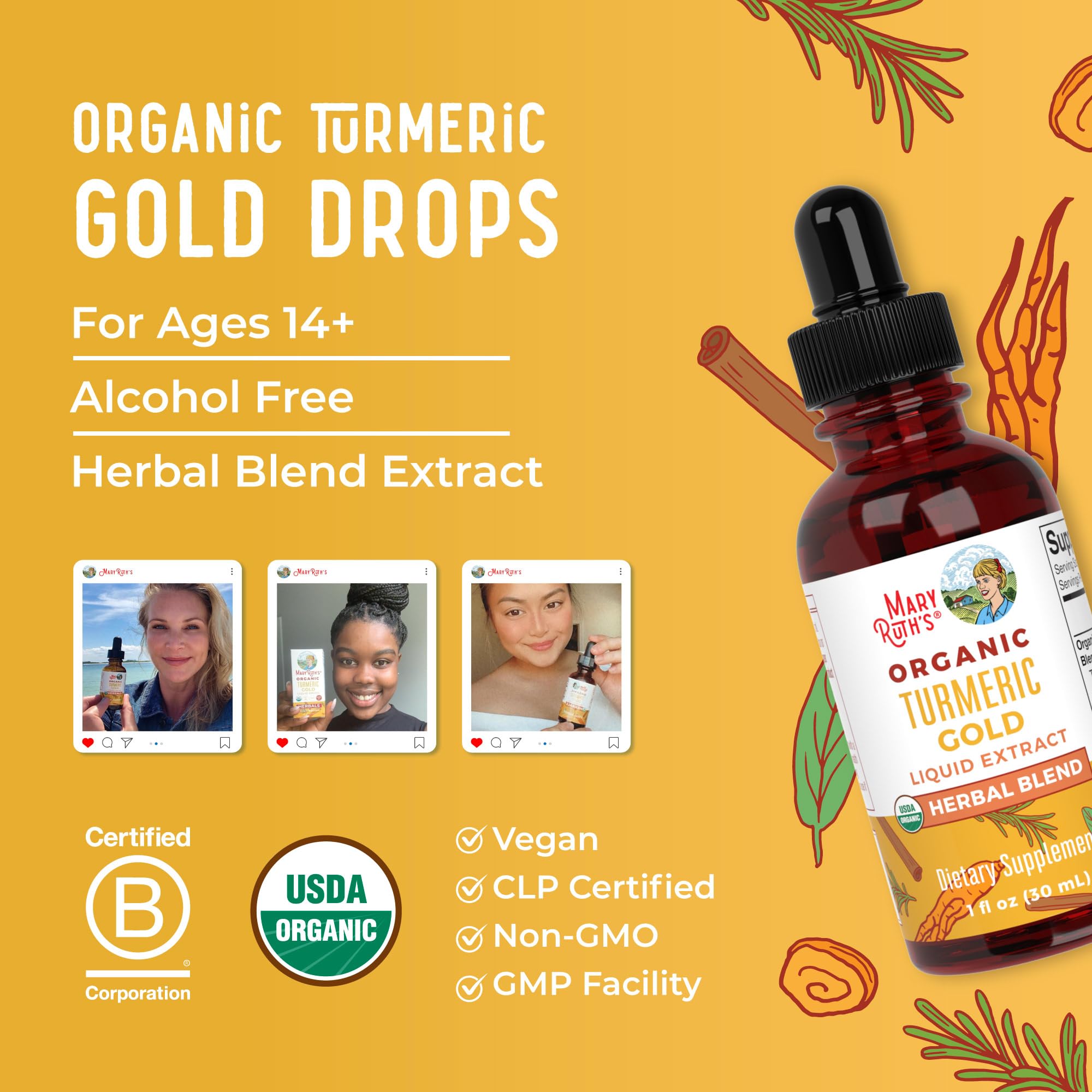 Uso diario con MaryRuth's Turmeric Gold en diferentes bebidas.