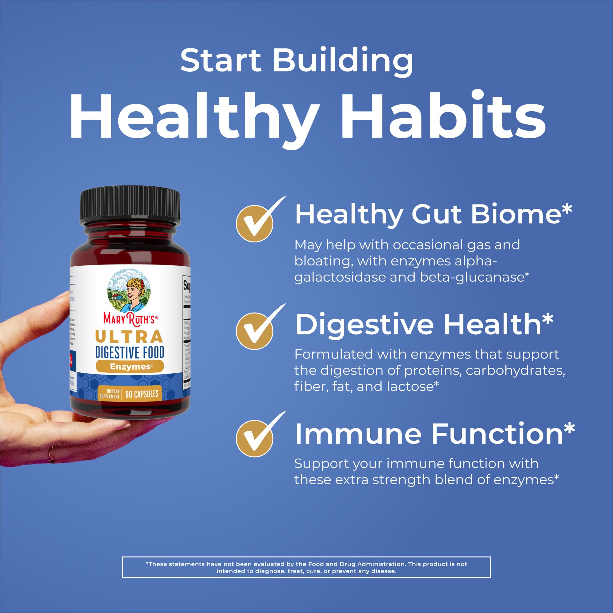 MaryRuth's Ultra Digestive Enzymes: empaque trasero con certificaciones de calidad.
