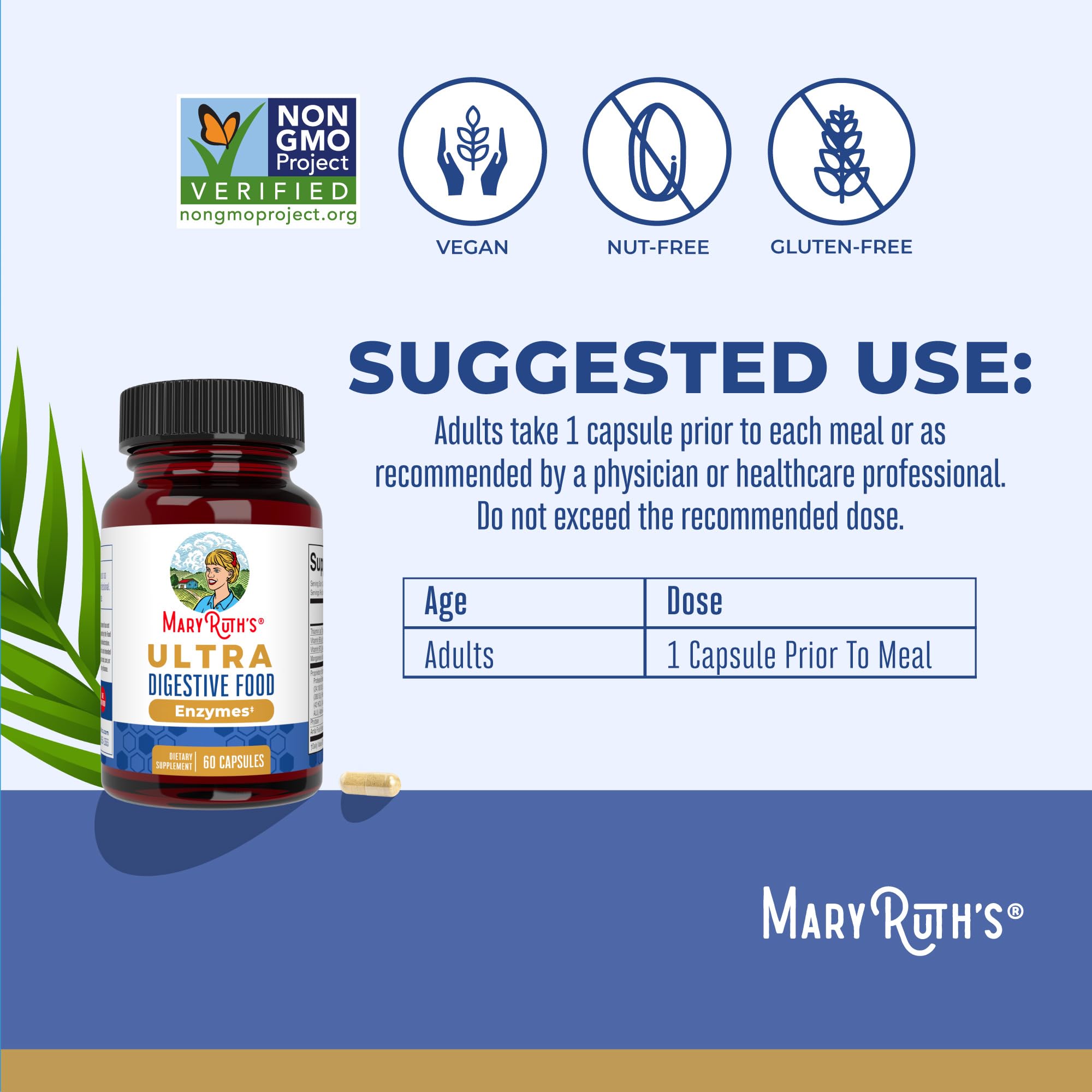 MaryRuth's Ultra Digestive Enzymes: etiqueta vegan que destaca ingredientes.