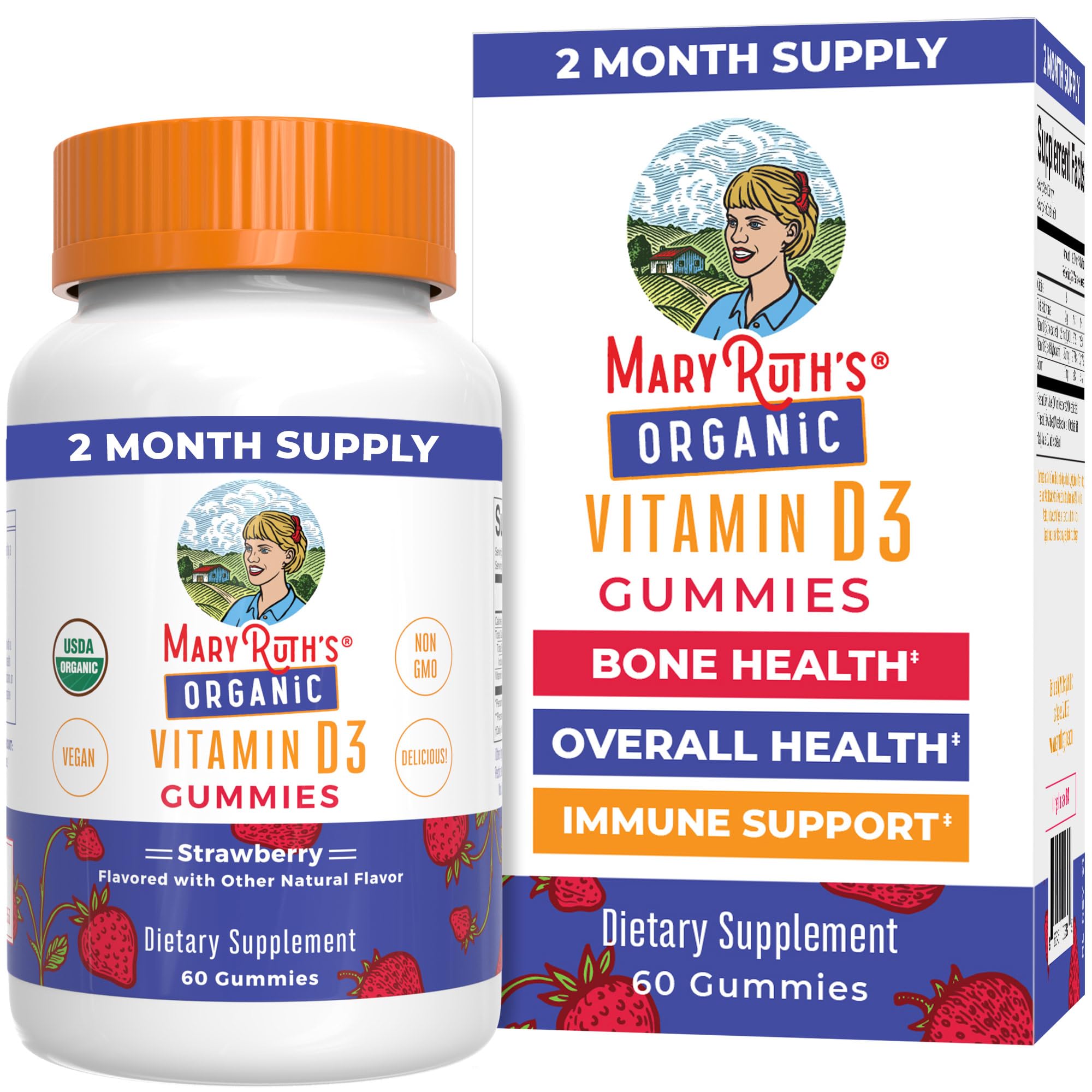 MaryRuth's Vitamin D3 Gummies en bote, color y aroma atractivos para consumo diario.