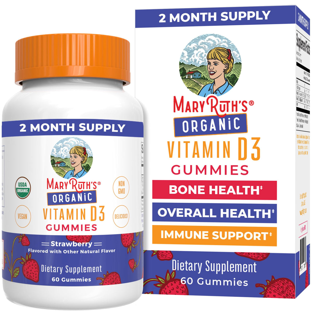 MaryRuth's Vitamin D3 Gummies en bote, color y aroma atractivos para consumo diario.