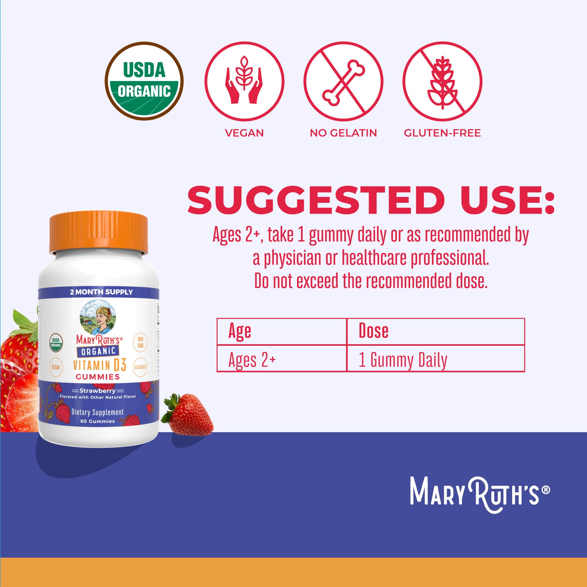 MaryRuth's Vitamin D3 Gummies etiqueta nutricional para planeación diaria.