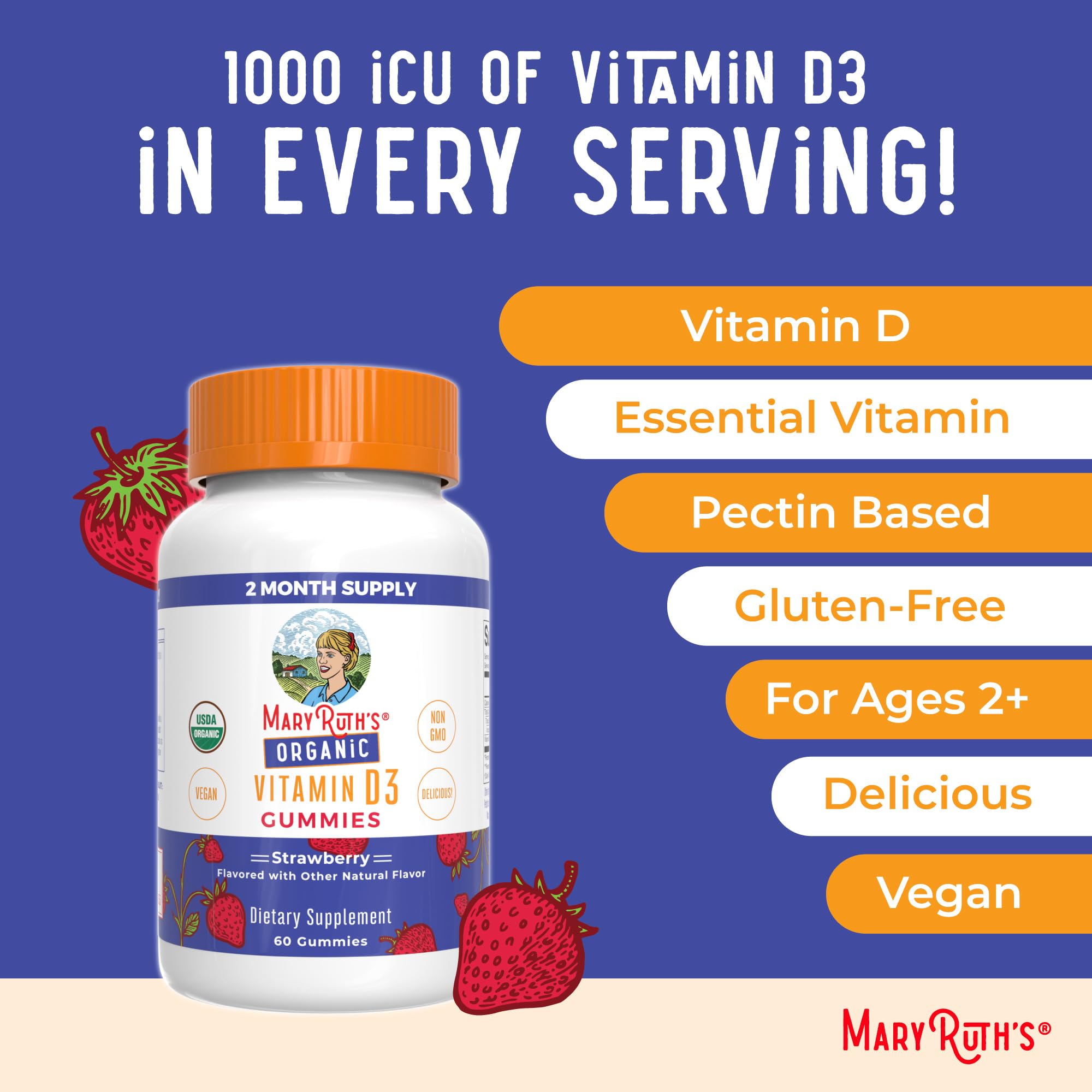 MaryRuth's Vitamin D3 Gummies ingredientes veganos, sin gluten ni gelatina.
