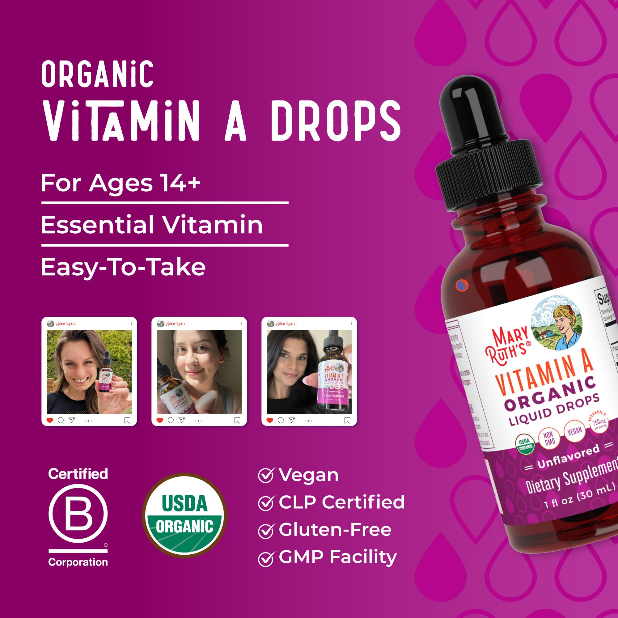 MARYRUTH'S Vitamina A líquida sin OGM, certificado de calidad.