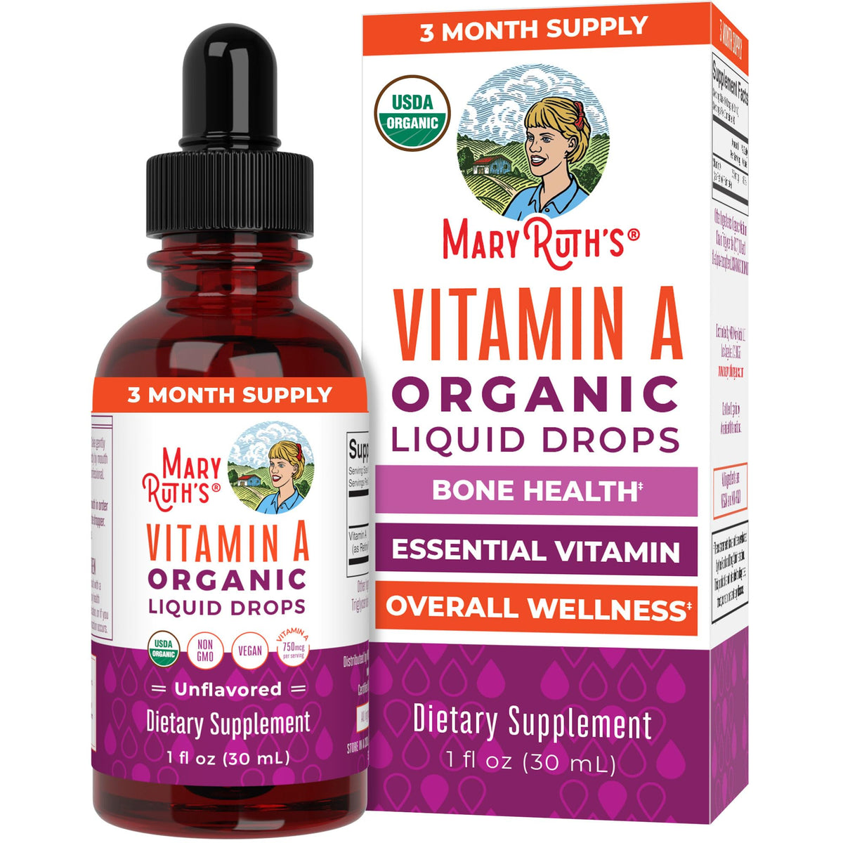 MARYRUTH'S Vitamina A líquida en frasco con gotero para dosis precisa.