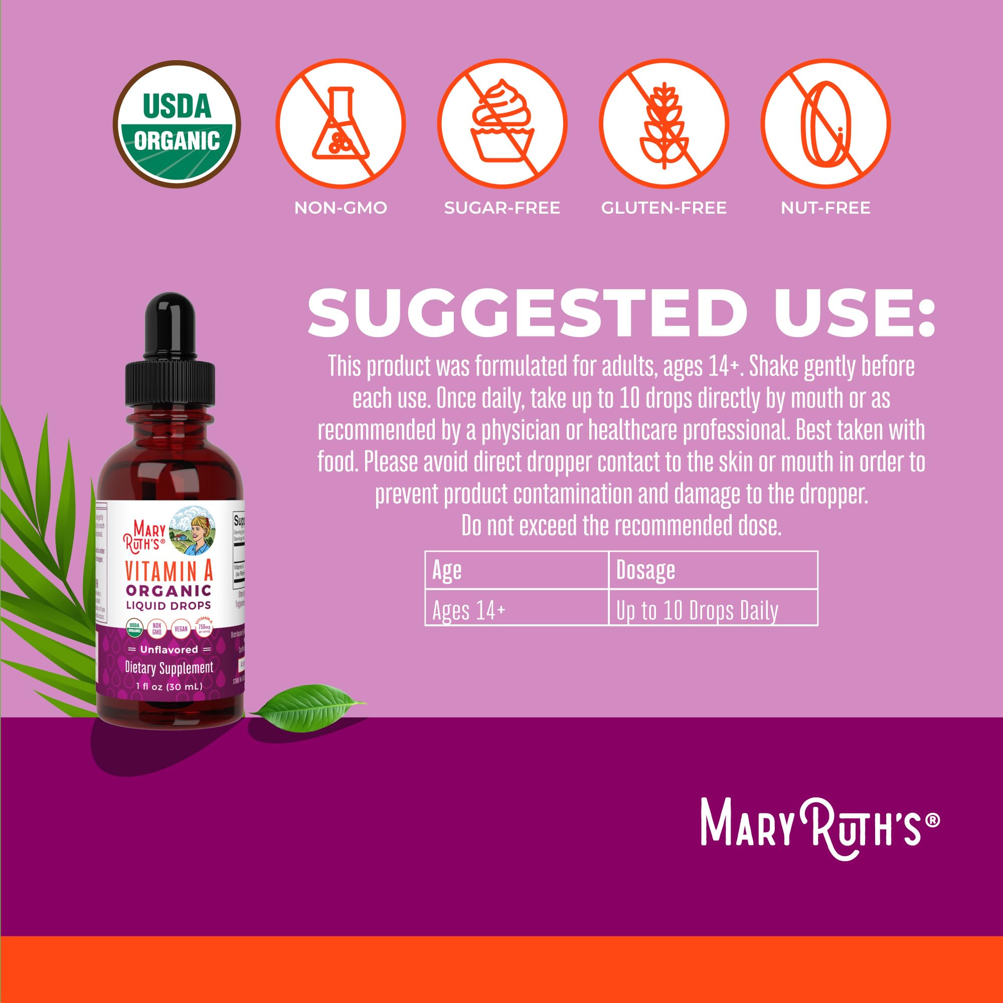 MARYRUTH'S Vitamina A líquida con porción de 750 mcg por porción.