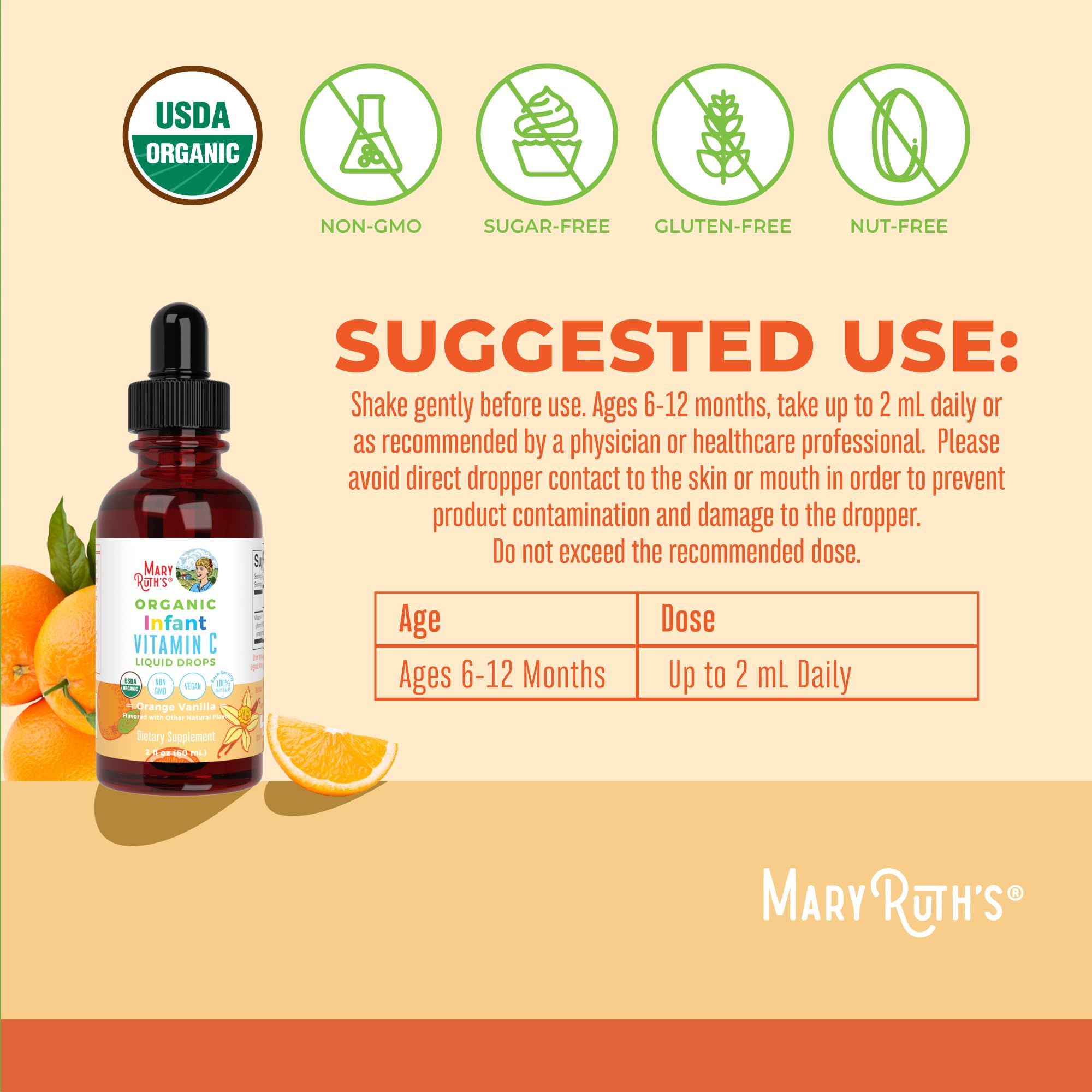 MaryRuth's vitamina C para bebés, uso diario seguro con dosis simple