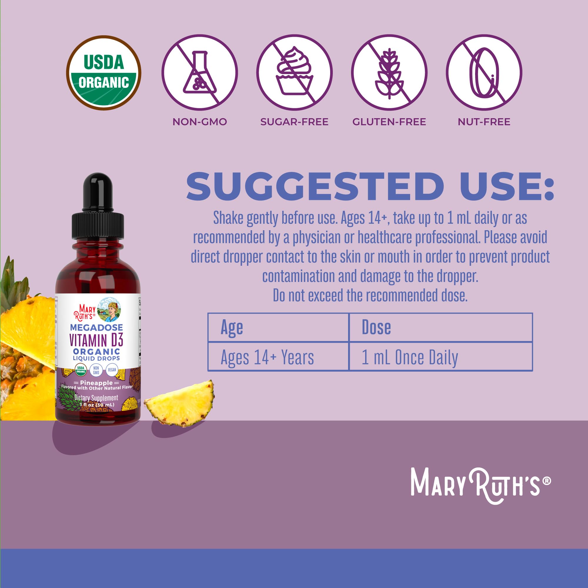 MaryRuth's Vitamina D3 drops, etiqueta orgánica certificada.