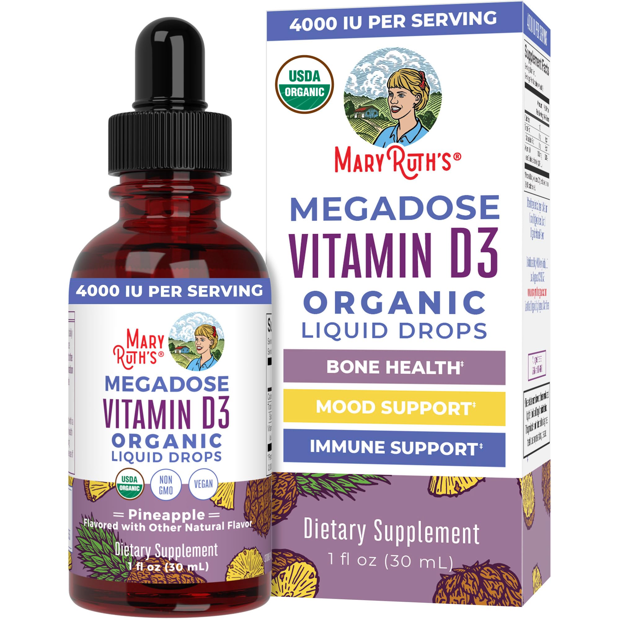 MaryRuth's Vitamina D3 drops, frasco visible; apoya huesos y función muscular.