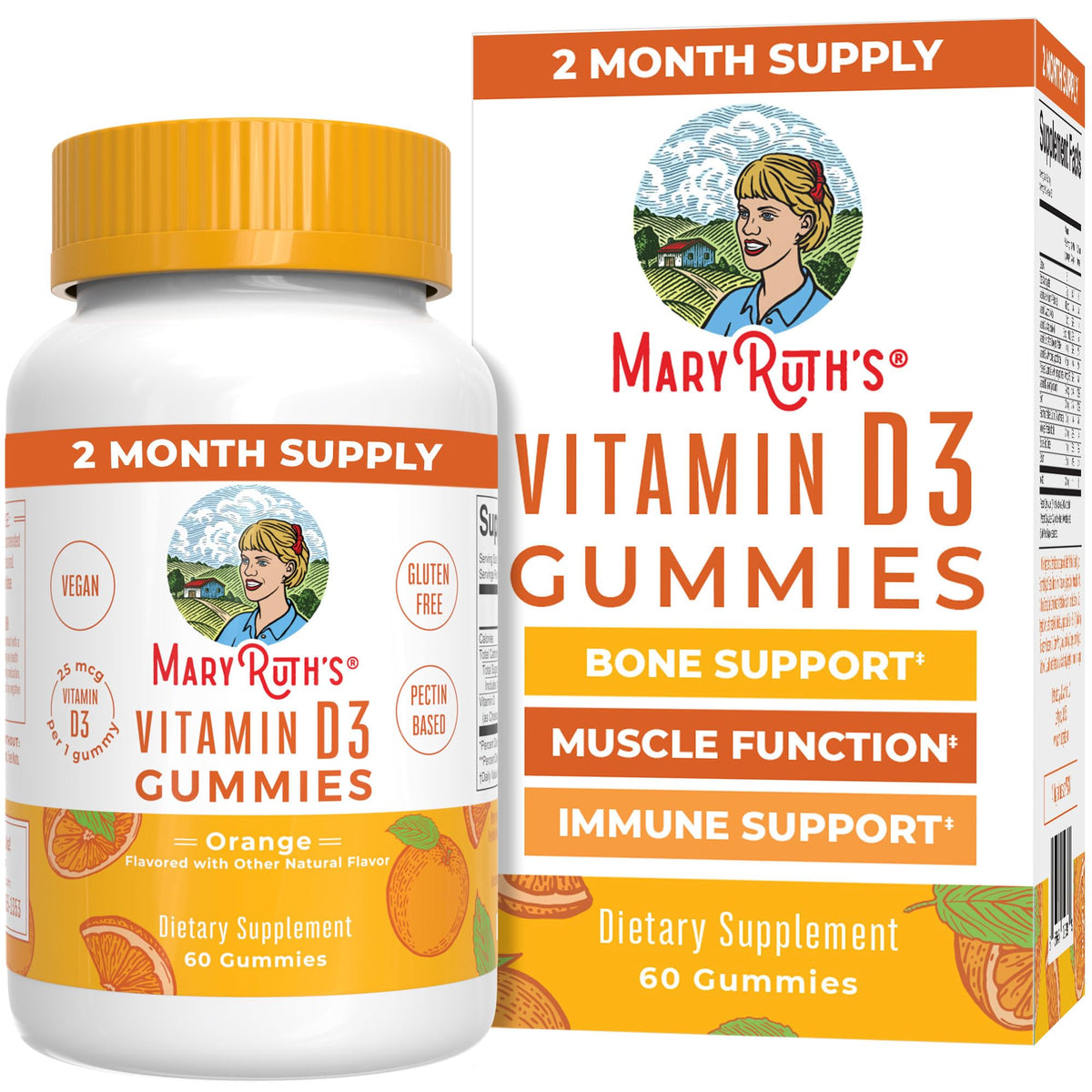 MaryRuth's Vitamina D3 gomitas de naranja para apoyo diario de huesos.