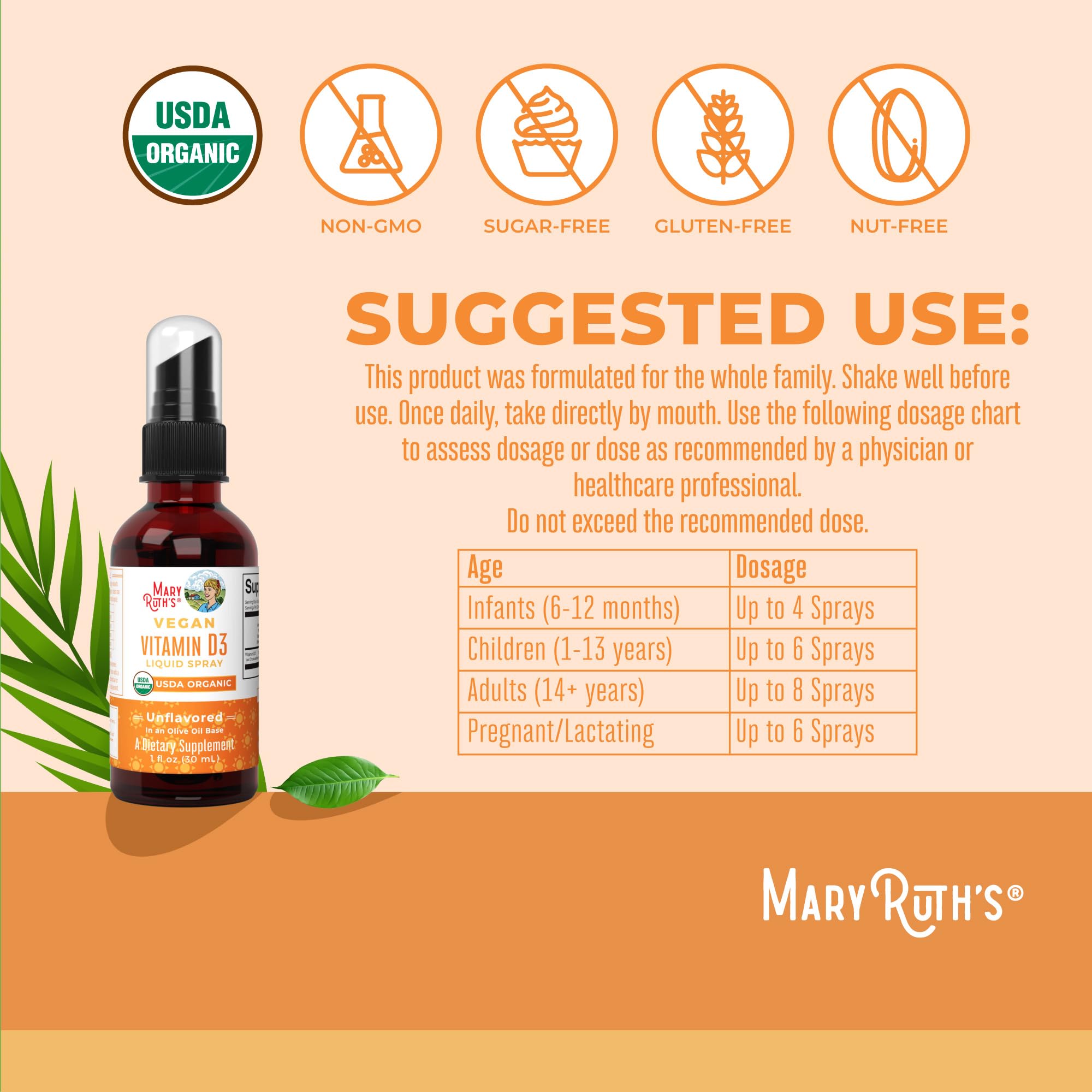 MaryRuth's Vitamina D3 spray para adultos y niños con dosis diaria.