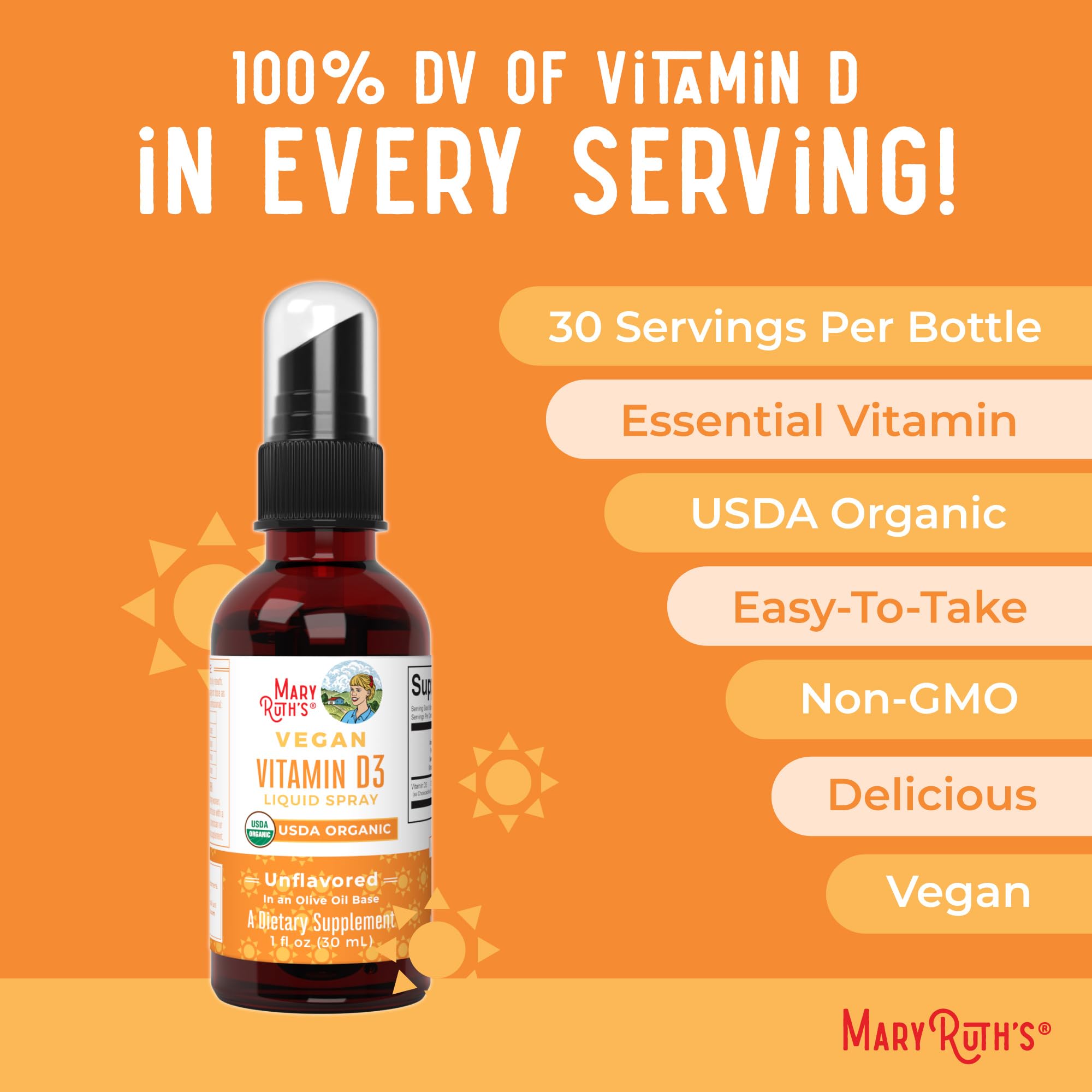 MaryRuth's Vitamina D3 spray en envase ligero y cómodo.
