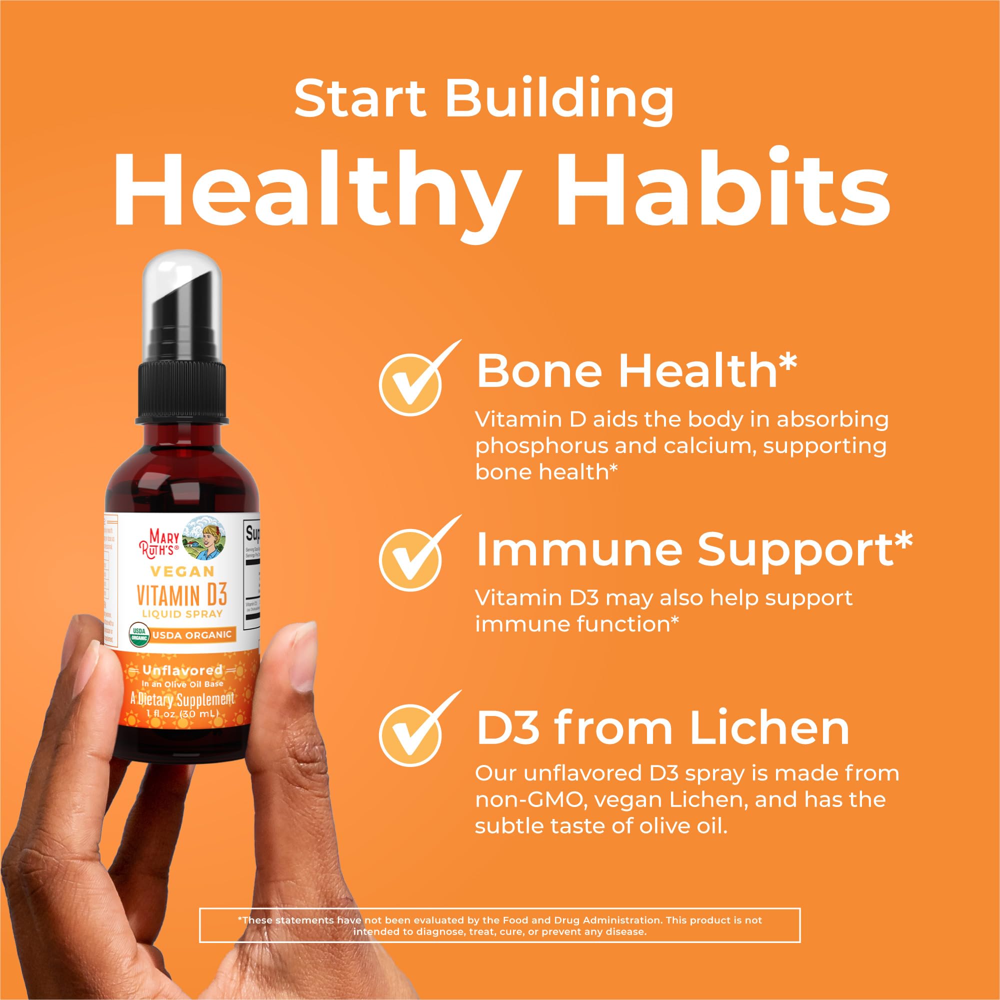 MaryRuth's Vitamina D3 spray orgánico USDA para consumo diario.