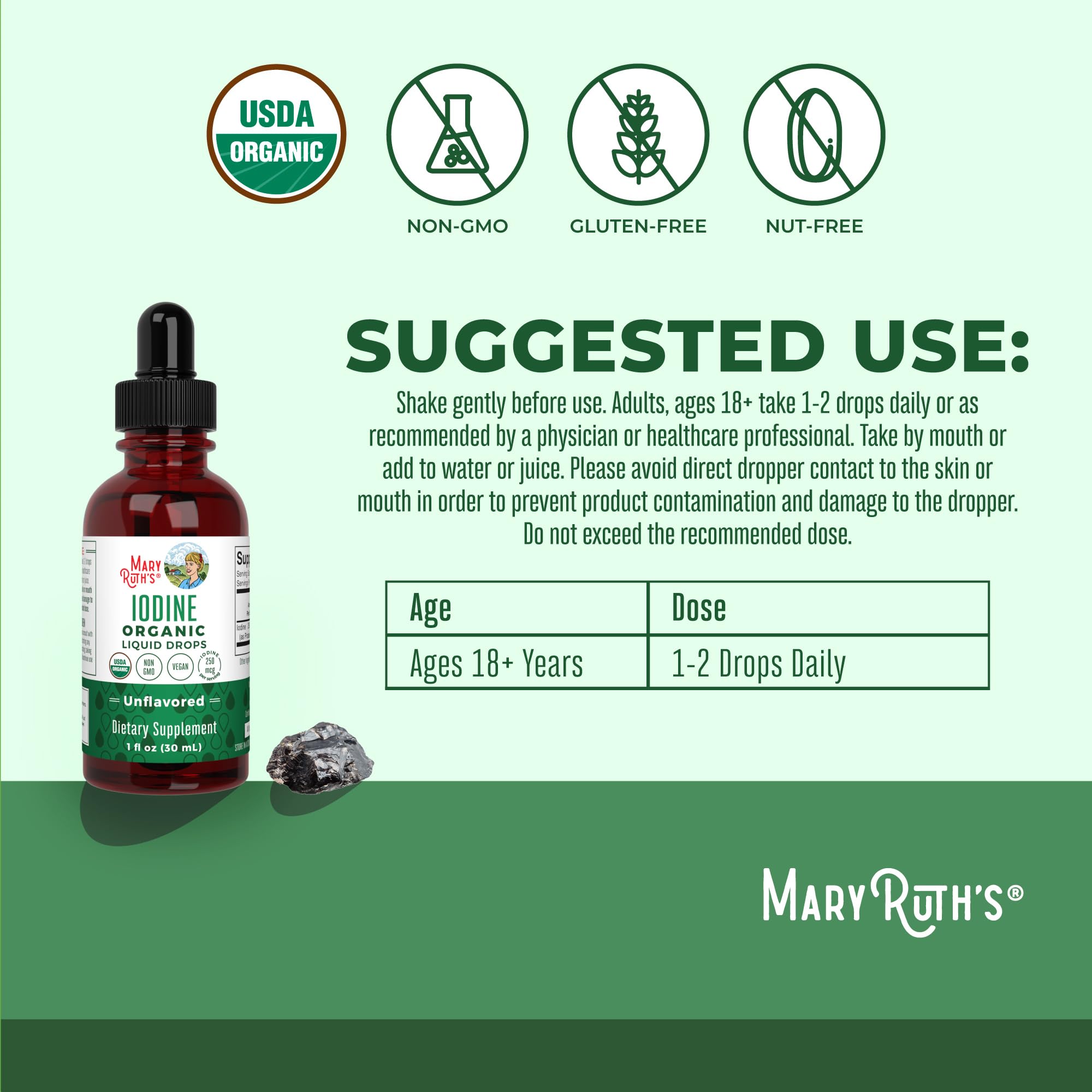 MaryRuth's Yodo gotas ingredientes: yoduro de potasio y glicerina vegetal