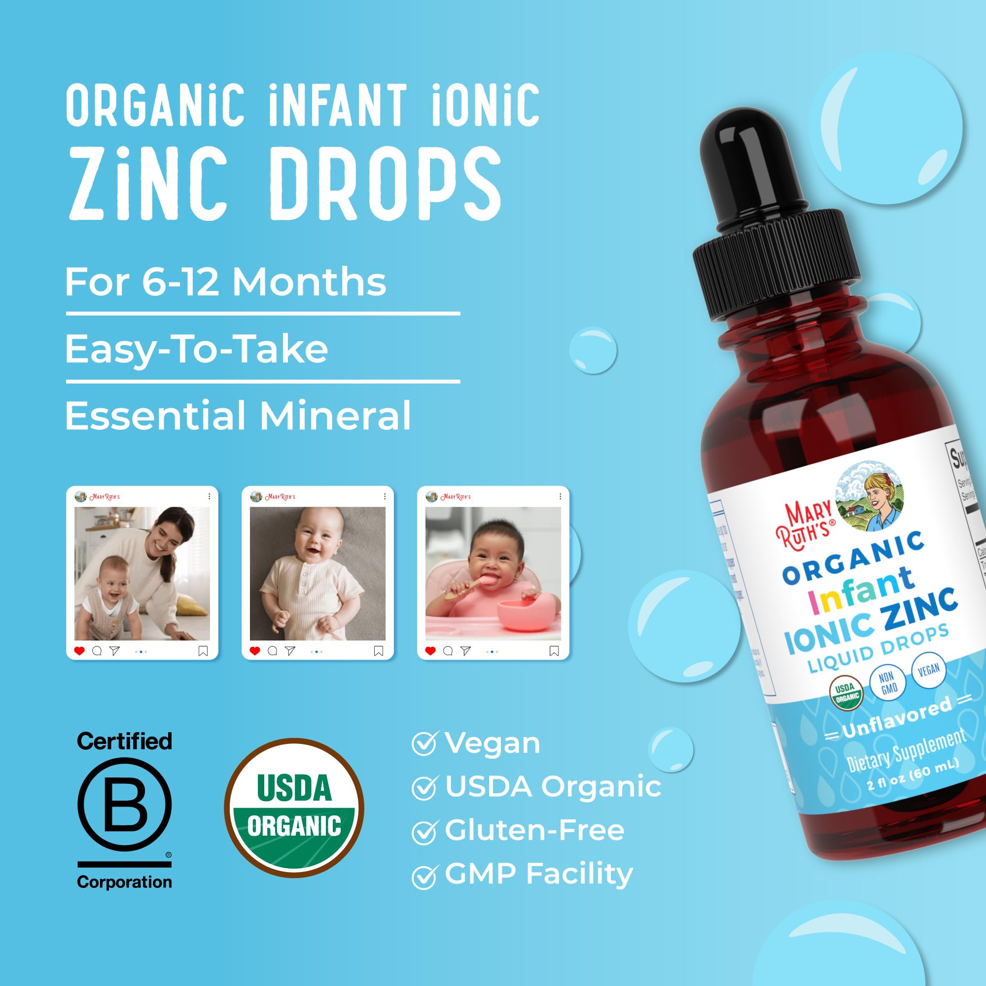 MaryRuth's zinc infantil certificado con etiqueta limpia, opción natural para familias.