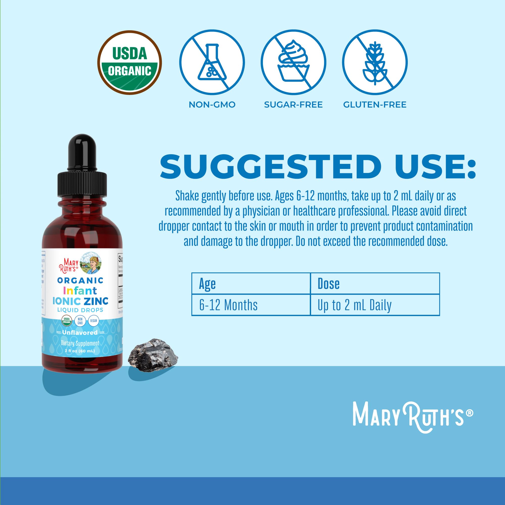 MaryRuth's zinc infantil, solución líquida en botella, opción orgánica para complementar la dieta.