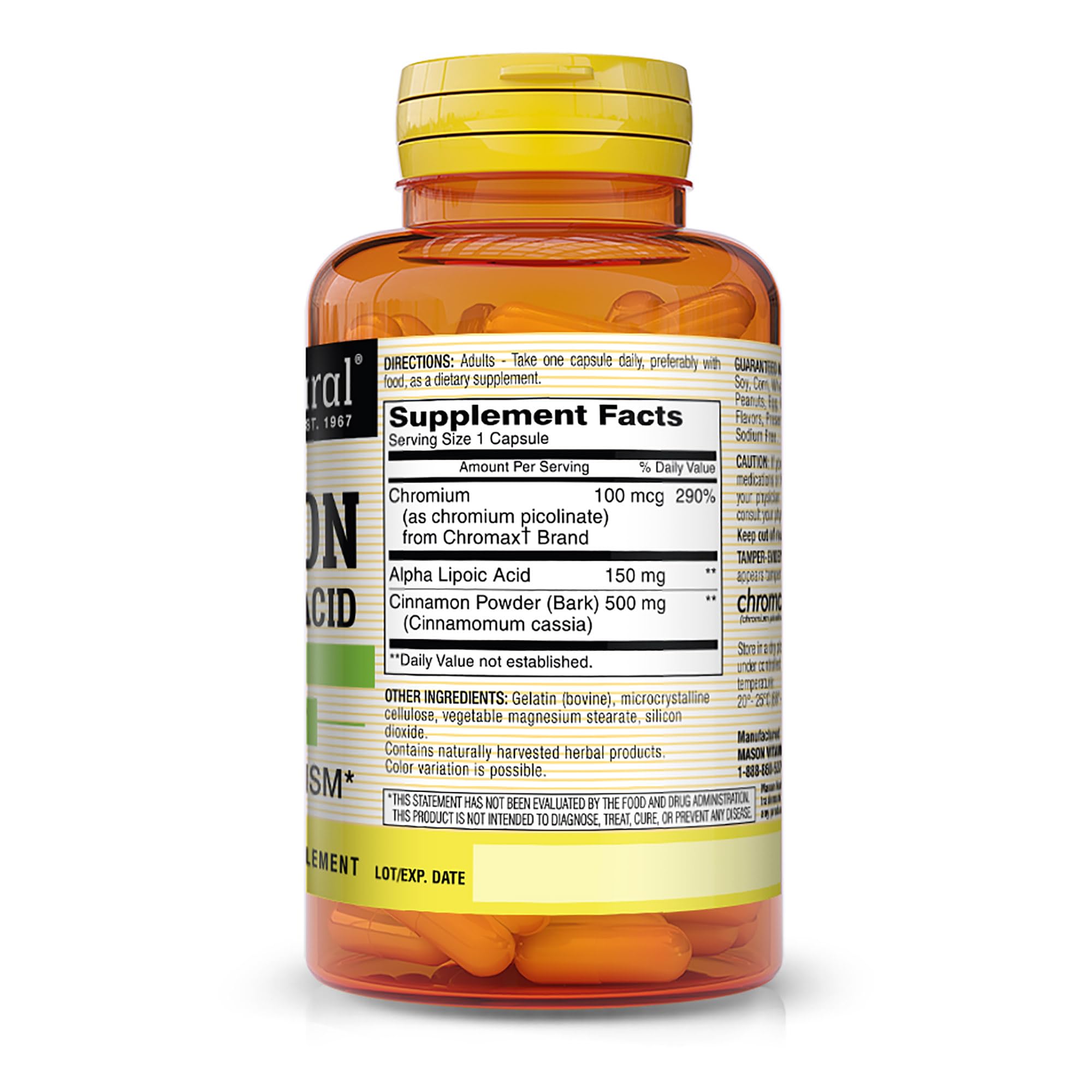 Mason Natural alfa-lipoico y cromo en cápsulas para equilibrio diario.