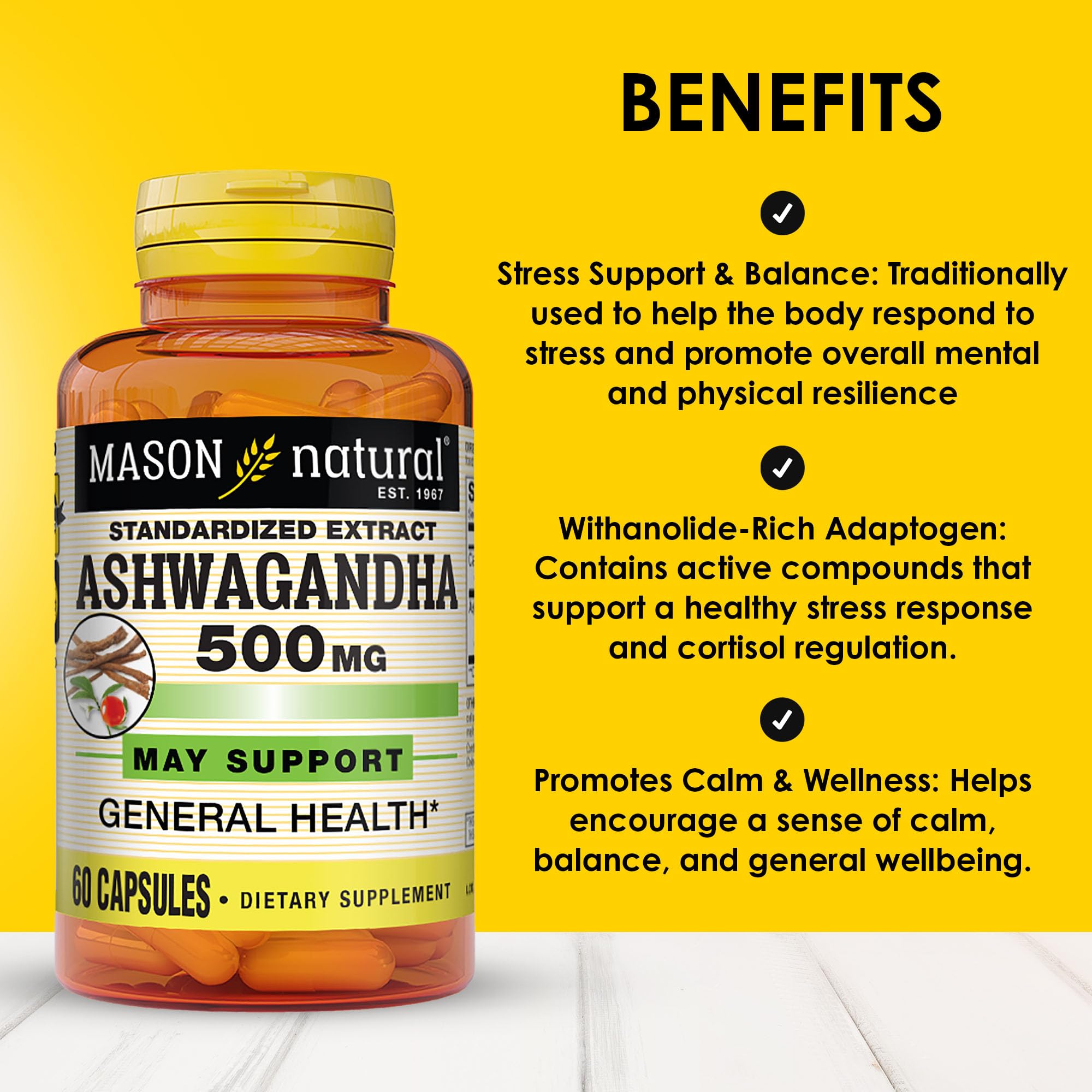Botella Mason Natural Ashwagandha de 60 días para uso diario.