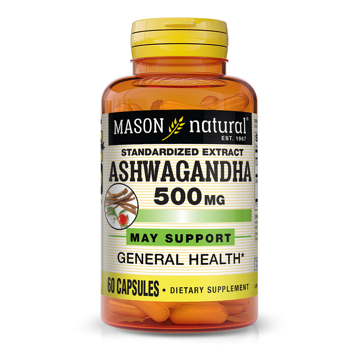 Mason Natural Ashwagandha 500 mg, cápsula diaria para apoyo al bienestar.