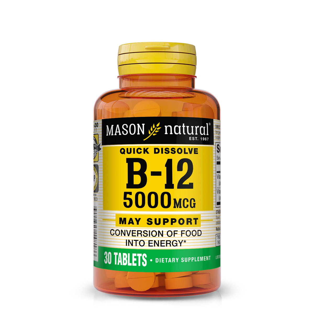 Vitamina B12 Mason Natural 5000 mcg, tableta sublingual con sabor a frambuesa para energía potencial