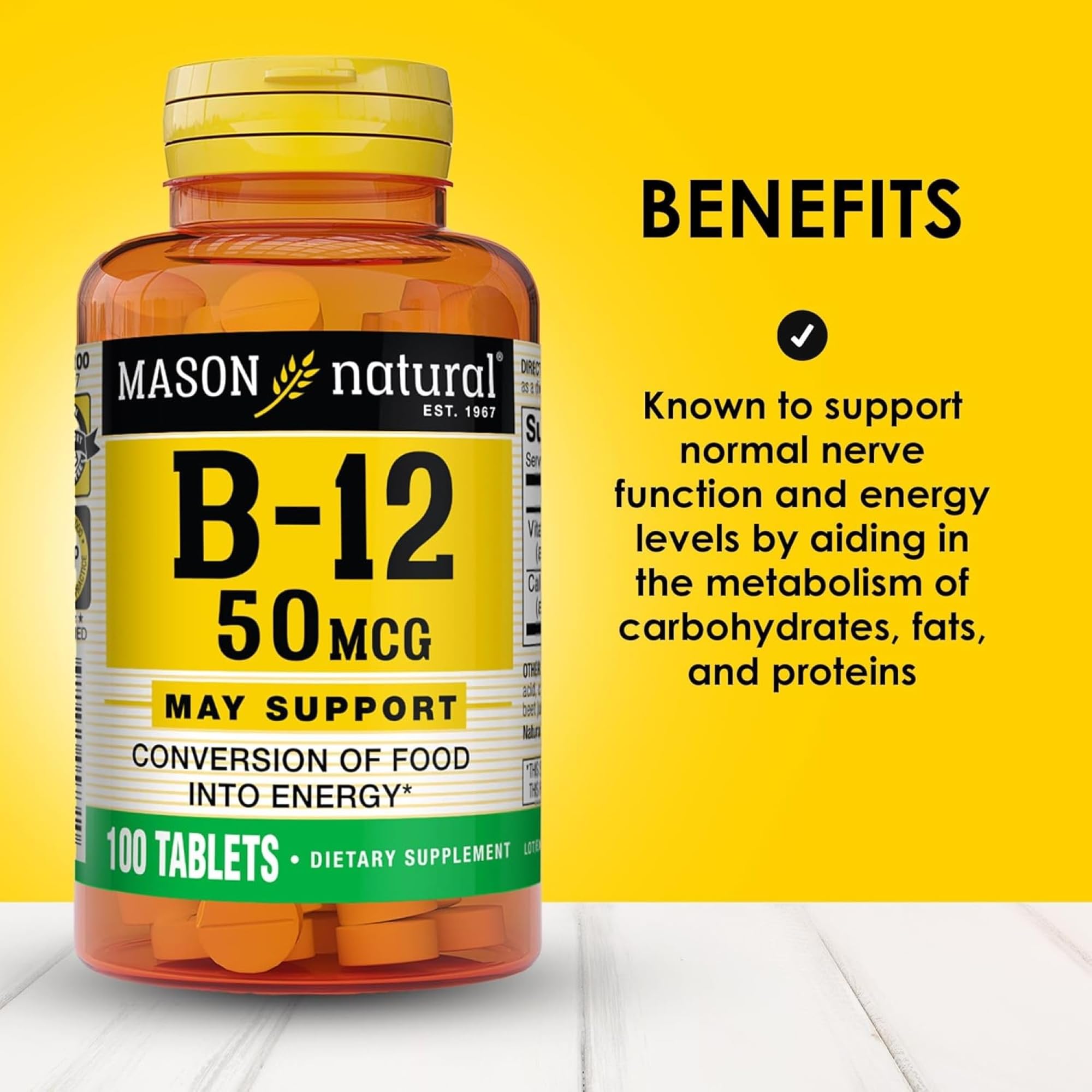 Etiqueta de Mason Natural B12 calcio con información clara de ingredientes