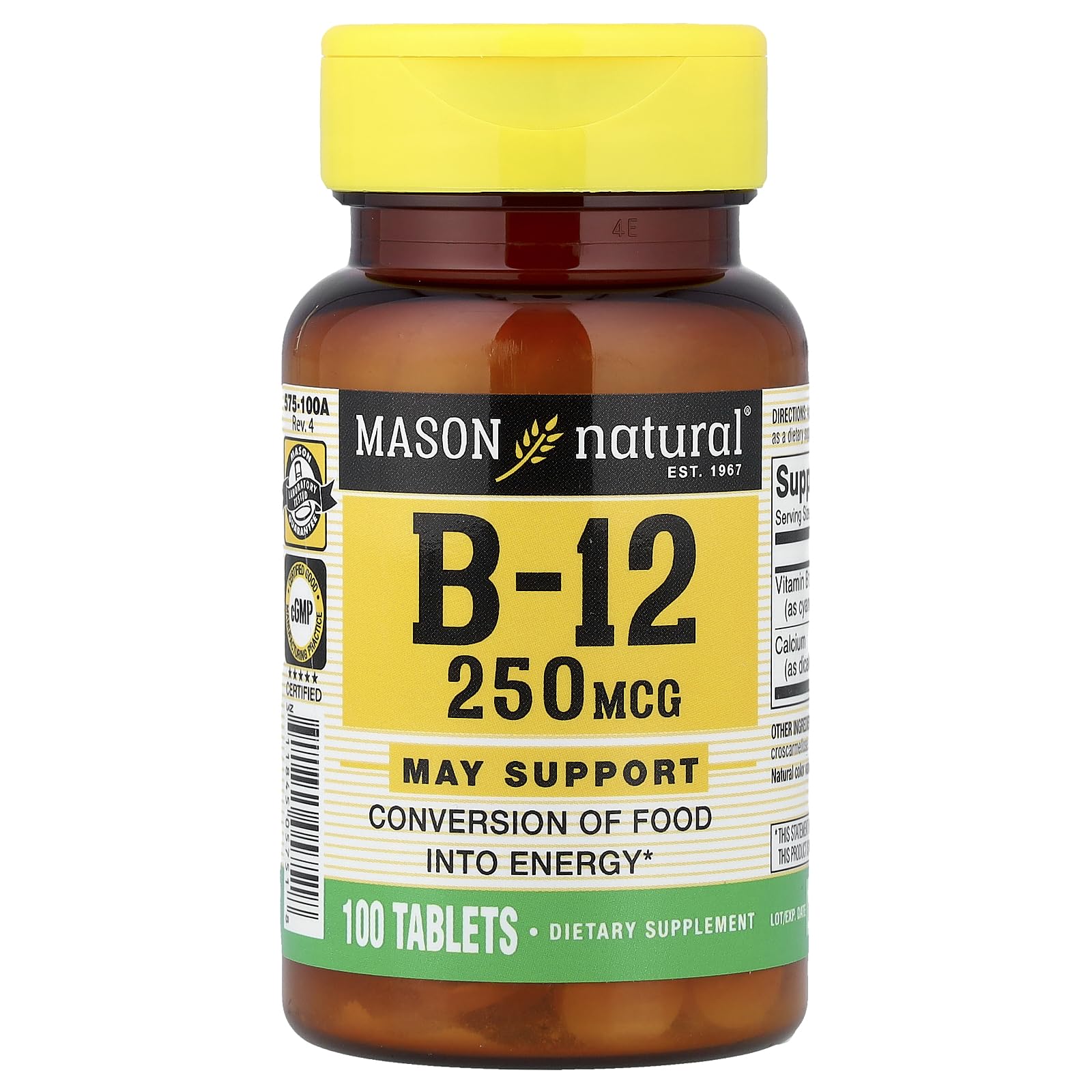 Mason NATURAL B12, tabletas de 250 mcg para uso diario.