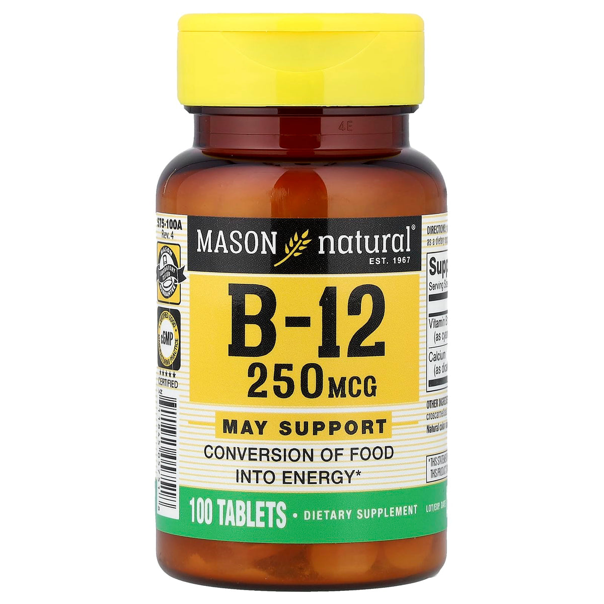 Mason NATURAL B12, tabletas de 250 mcg para uso diario.