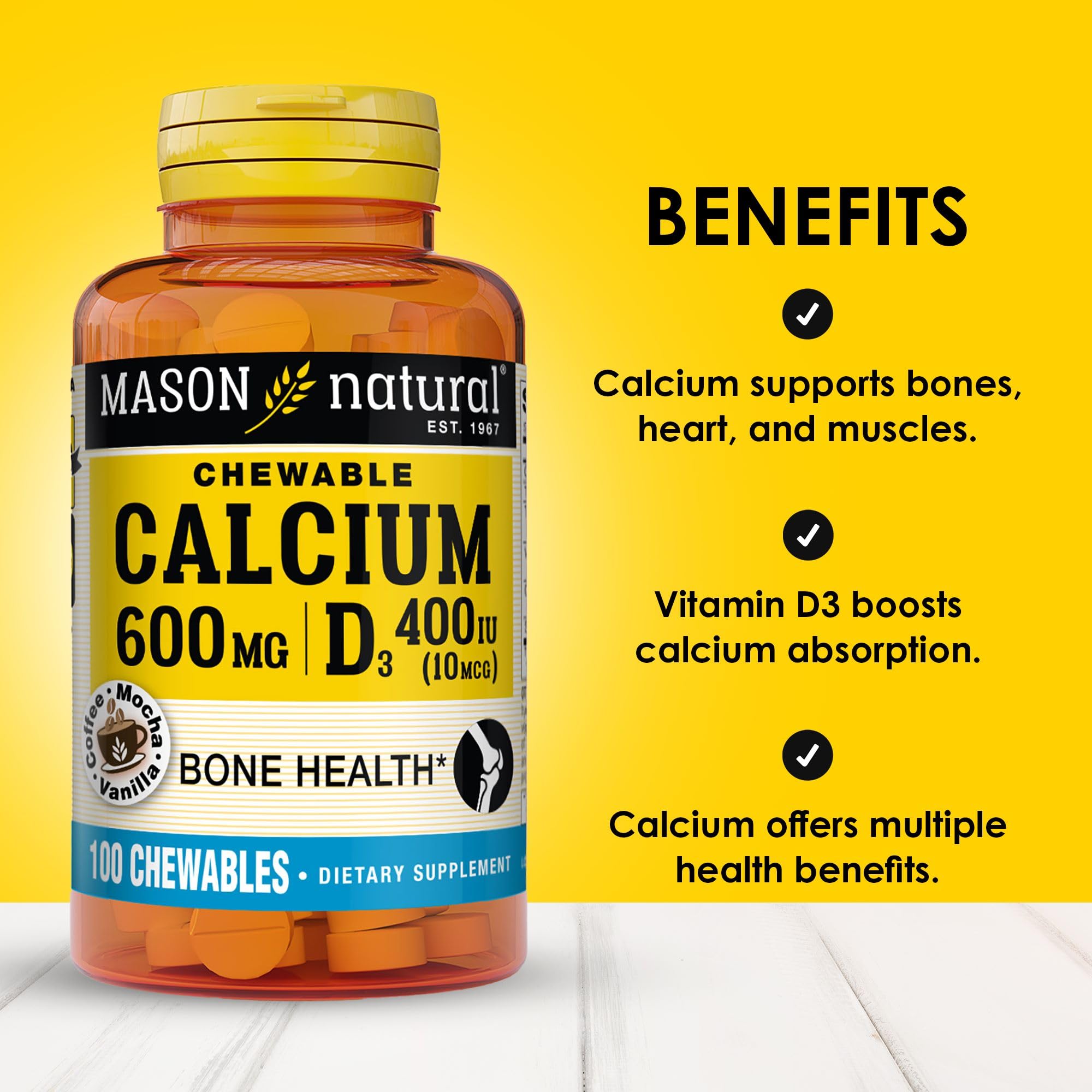 Tabletas masticables Mason Natural, sabor Café Mocha, apoyo diario a la función muscular