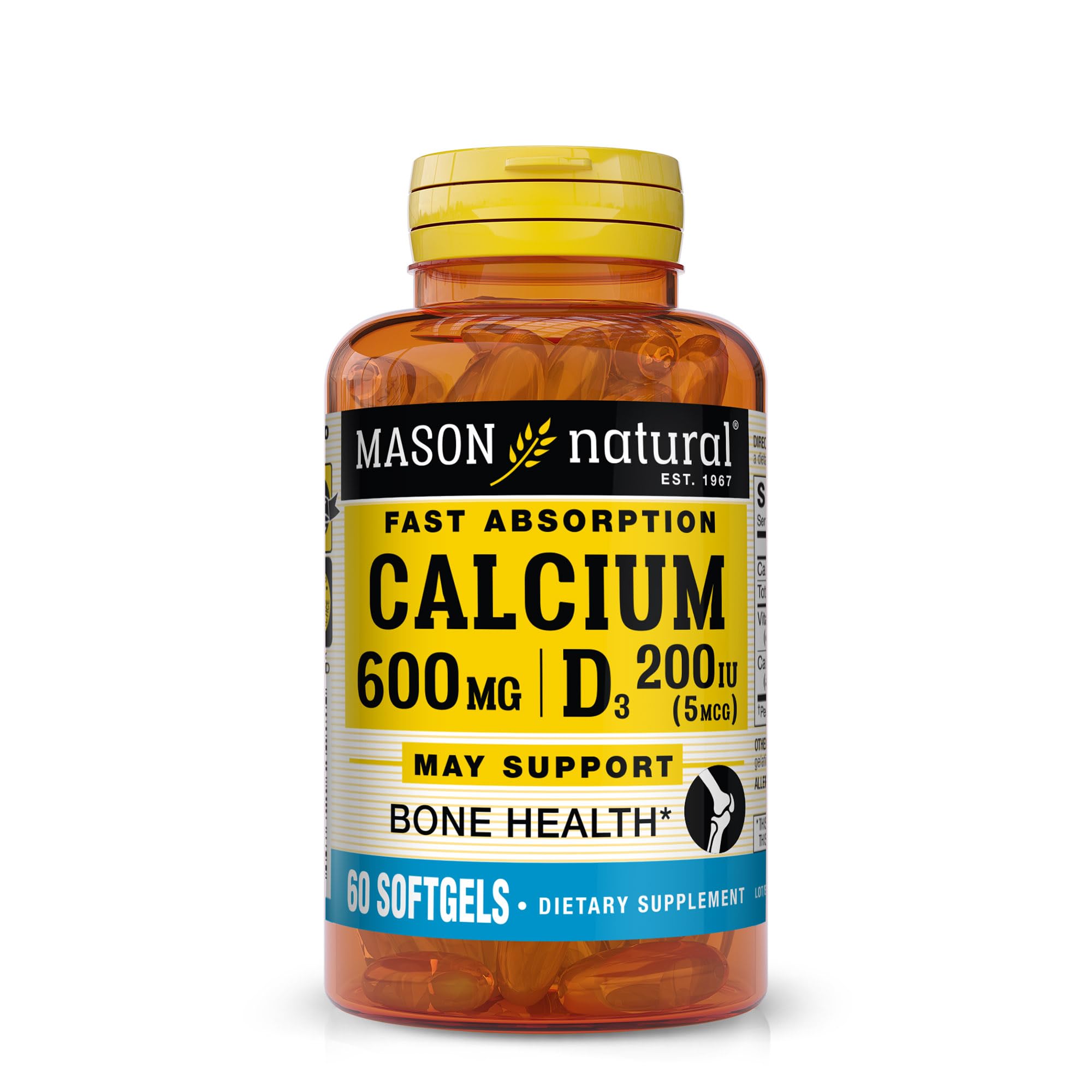 Mason Natural calcio D3, botella con cápsulas para la salud ósea.