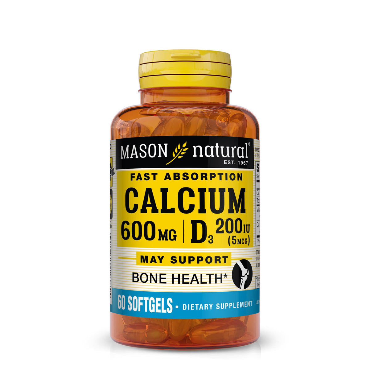 Mason Natural calcio D3, botella con cápsulas para la salud ósea.