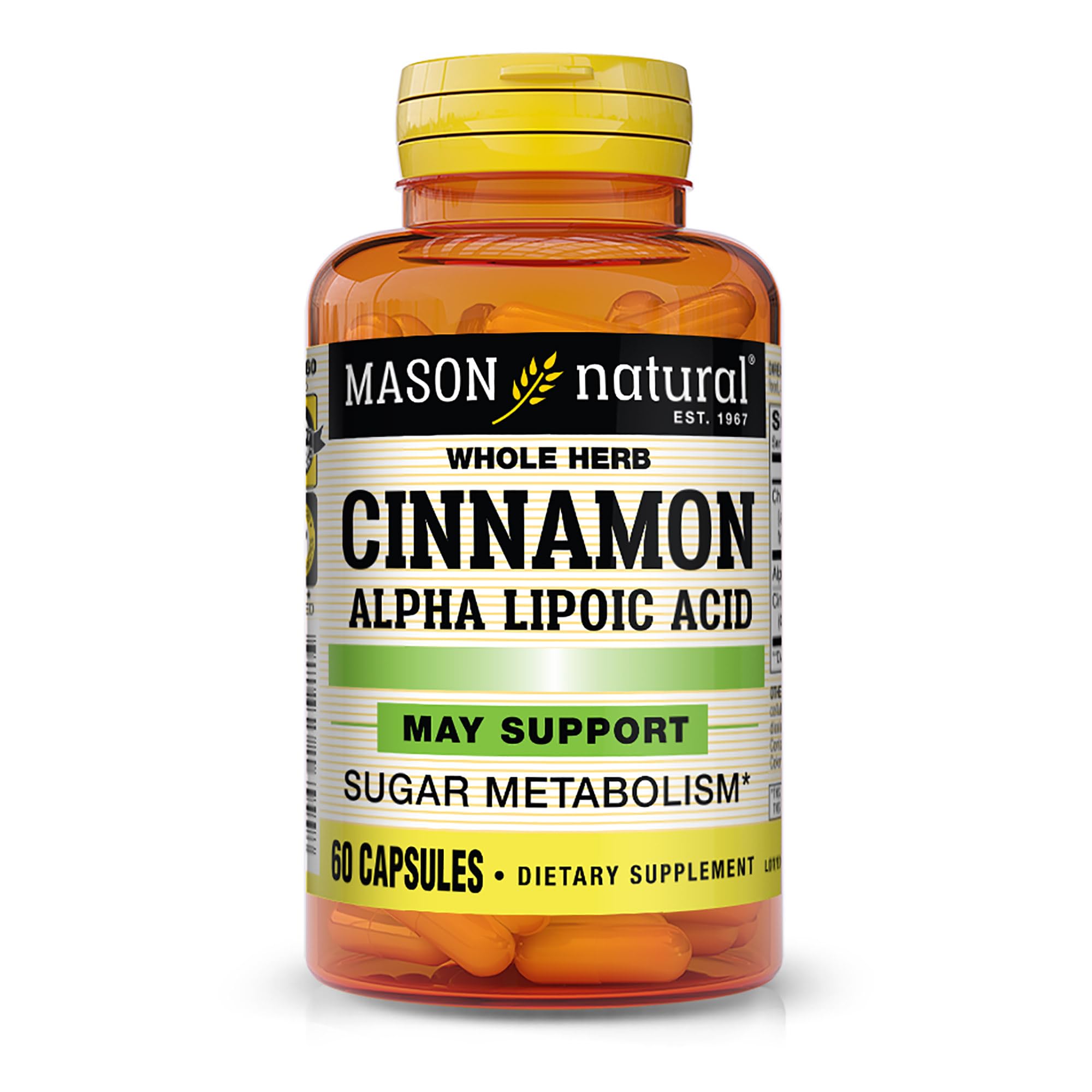 Mason Natural canela entera en cápsulas para apoyar metabolismo de carbohidratos y grasas.