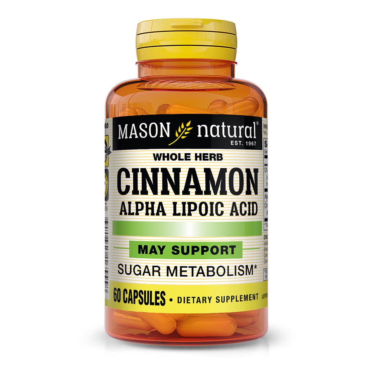 Mason Natural canela entera en cápsulas para apoyar metabolismo de carbohidratos y grasas.