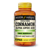 Mason Natural canela entera en cápsulas para apoyar metabolismo de carbohidratos y grasas.