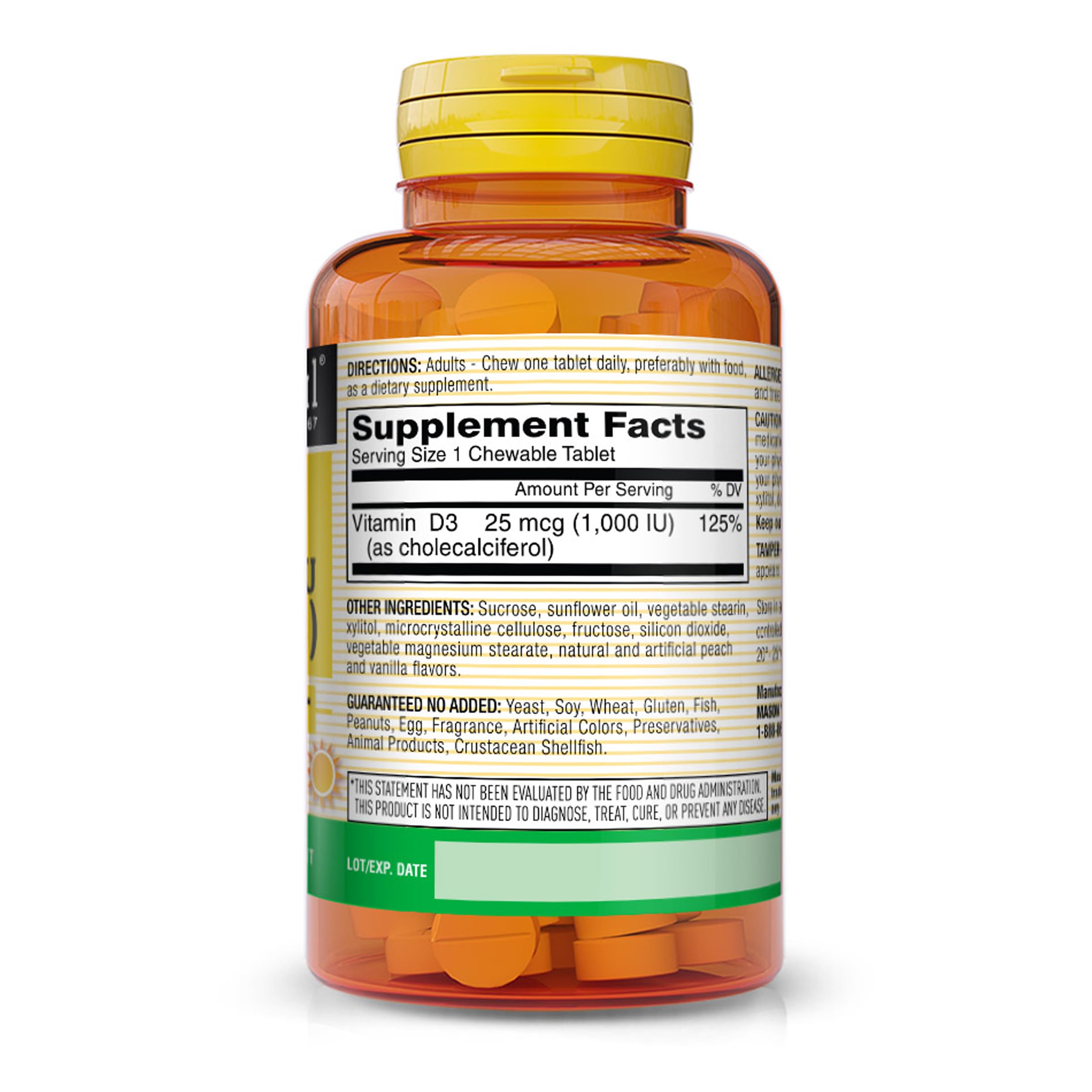 Comprimidos masticables Mason Natural D3 1000IU, aptos para uso diario.