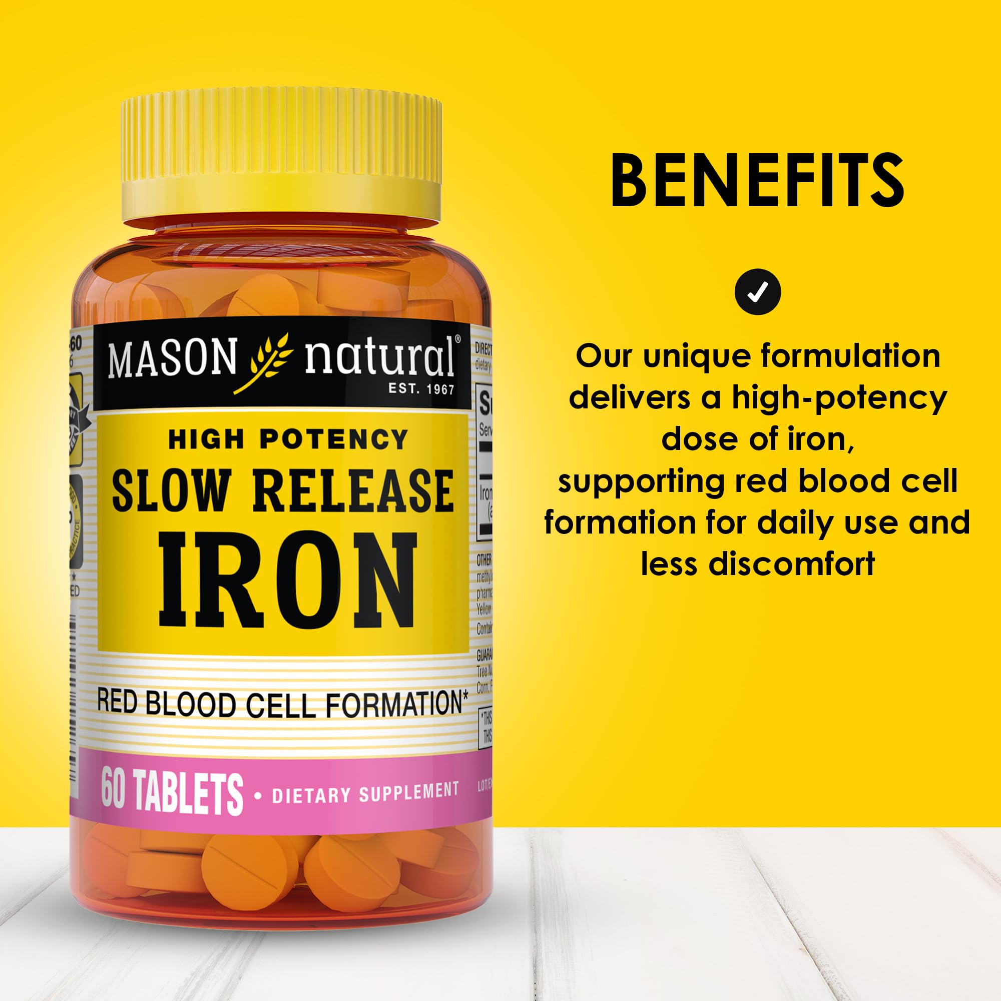 Tabletas de hierro Mason Natural 50 mg para consumo diario.