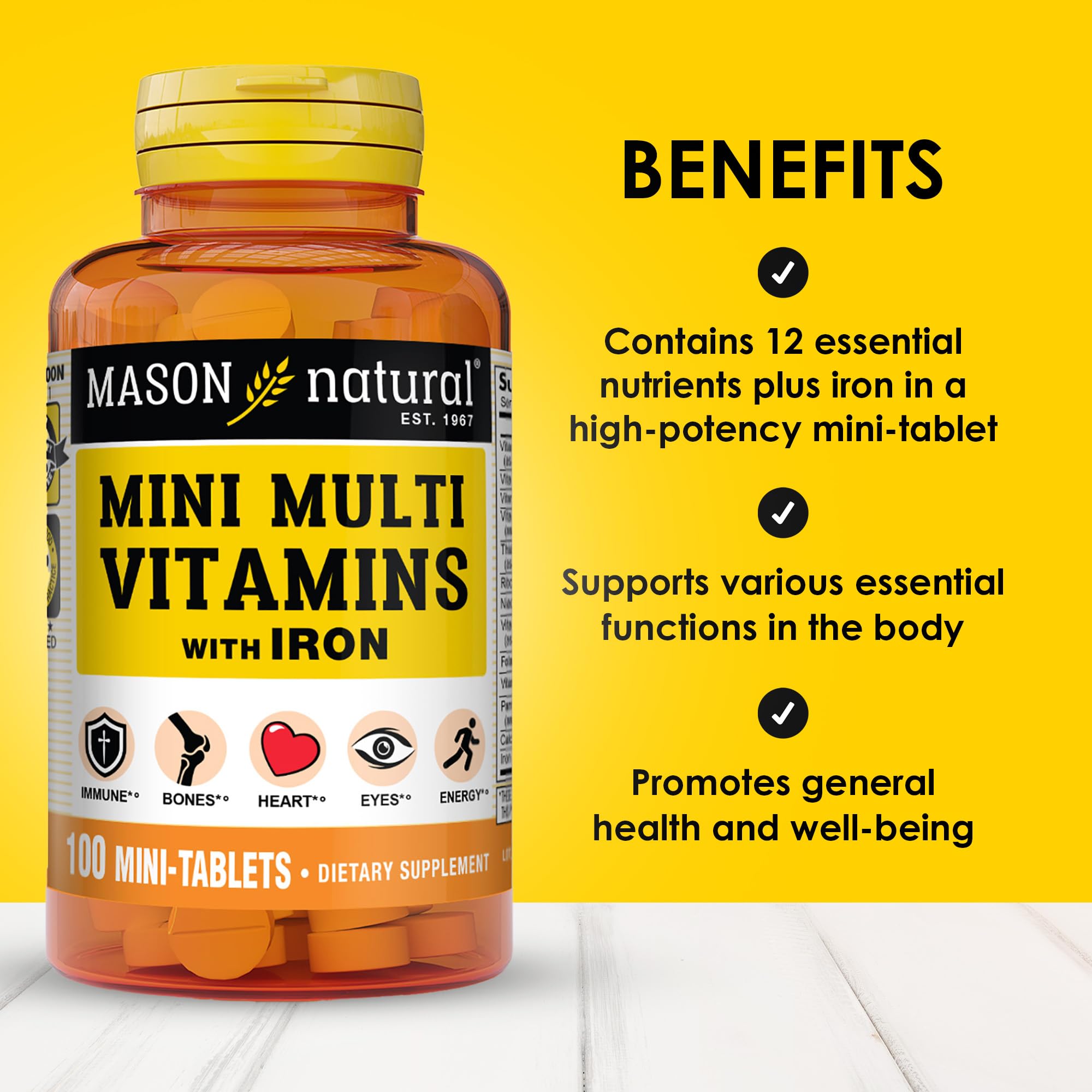 Etiqueta Mason Natural con listado de vitaminas para plan diario equilibrado.