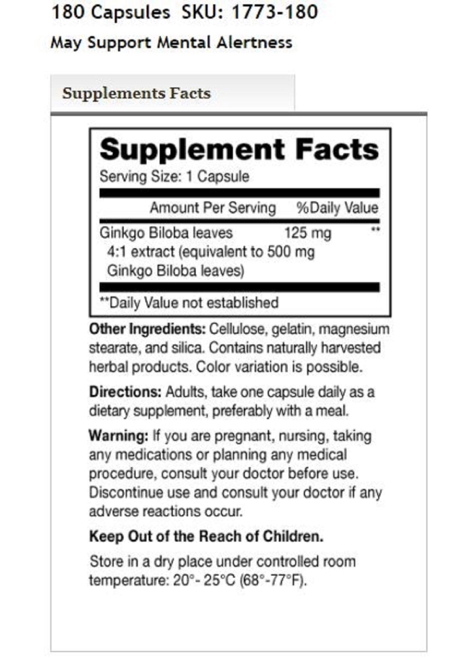 MASON NATURAL ginkgo biloba 500 mg, cápsulas para uso diario y enfoque sostenido
